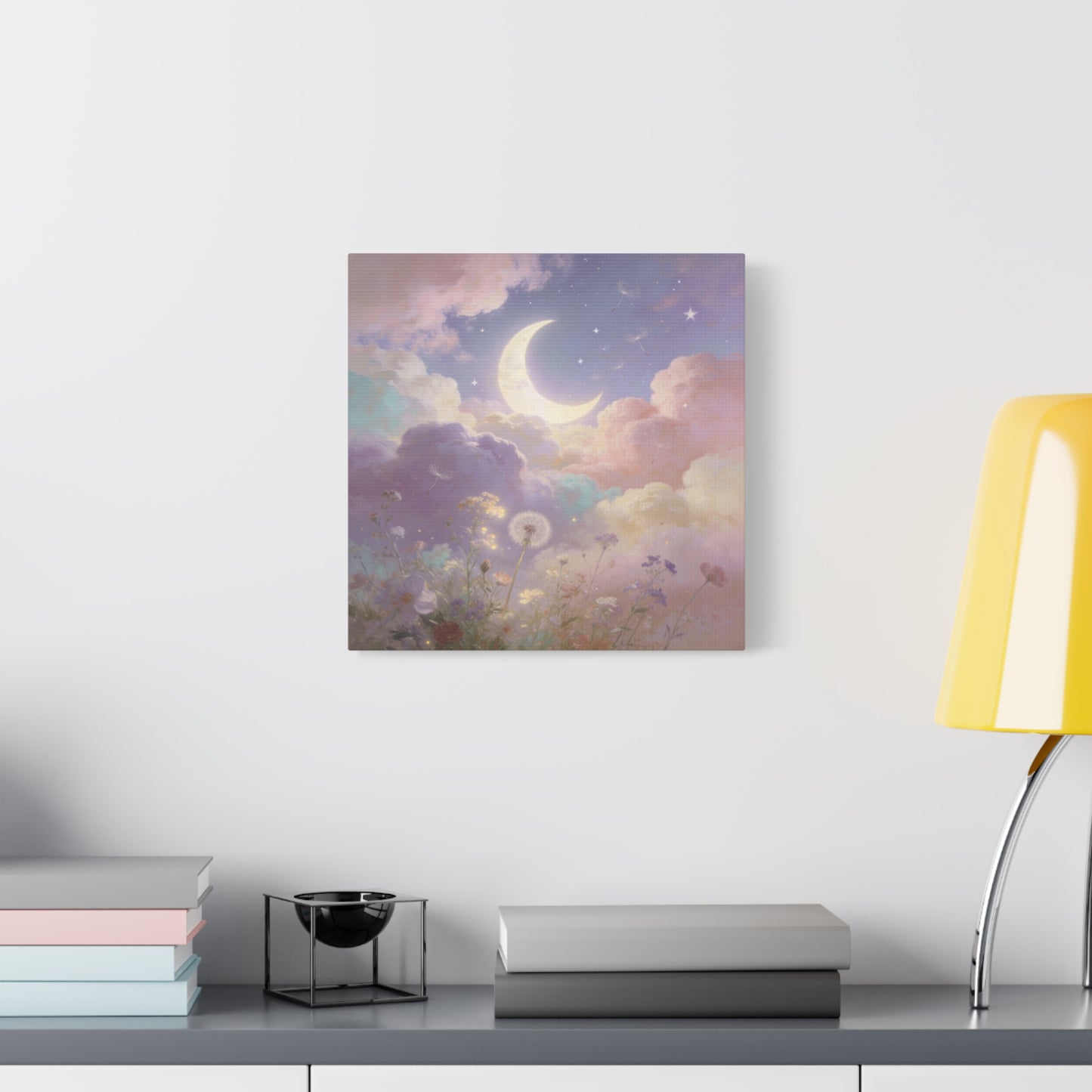 Crescent Moon Canvas Art Print - Dreamy Pastel Clouds, Dandelion Sky, Celestial Floral Scene - Cotton Matte Artwork - Lavender Nursery Accent, Bedroom Decoration, Meditation Space Decor