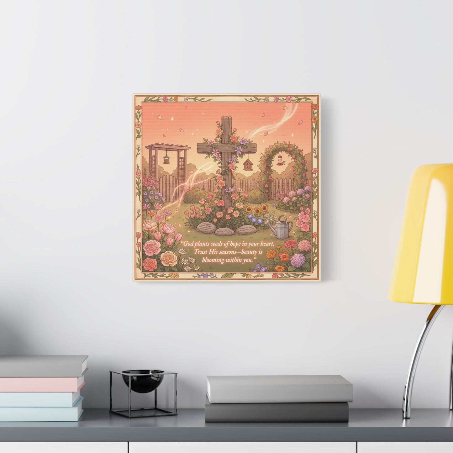 "God Plants Seeds Of Hope In Your Heart" Christian Canvas Wall Art - Floral Cross Garden Scripture Print, Matte Cotton Decor - Inspirational Bedroom Home Decoration, Living Room Accent - Ready to Hang