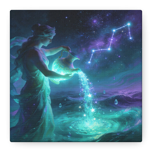 Aquarius Goddess Canvas Wall Art - Zodiac Water Bearer Celestial Galaxy Illustration - Mystical Purple Blue Fantasy Decor - Bedroom Home Decoration, Living Room Wall Decor - Bedroom Home Decoration