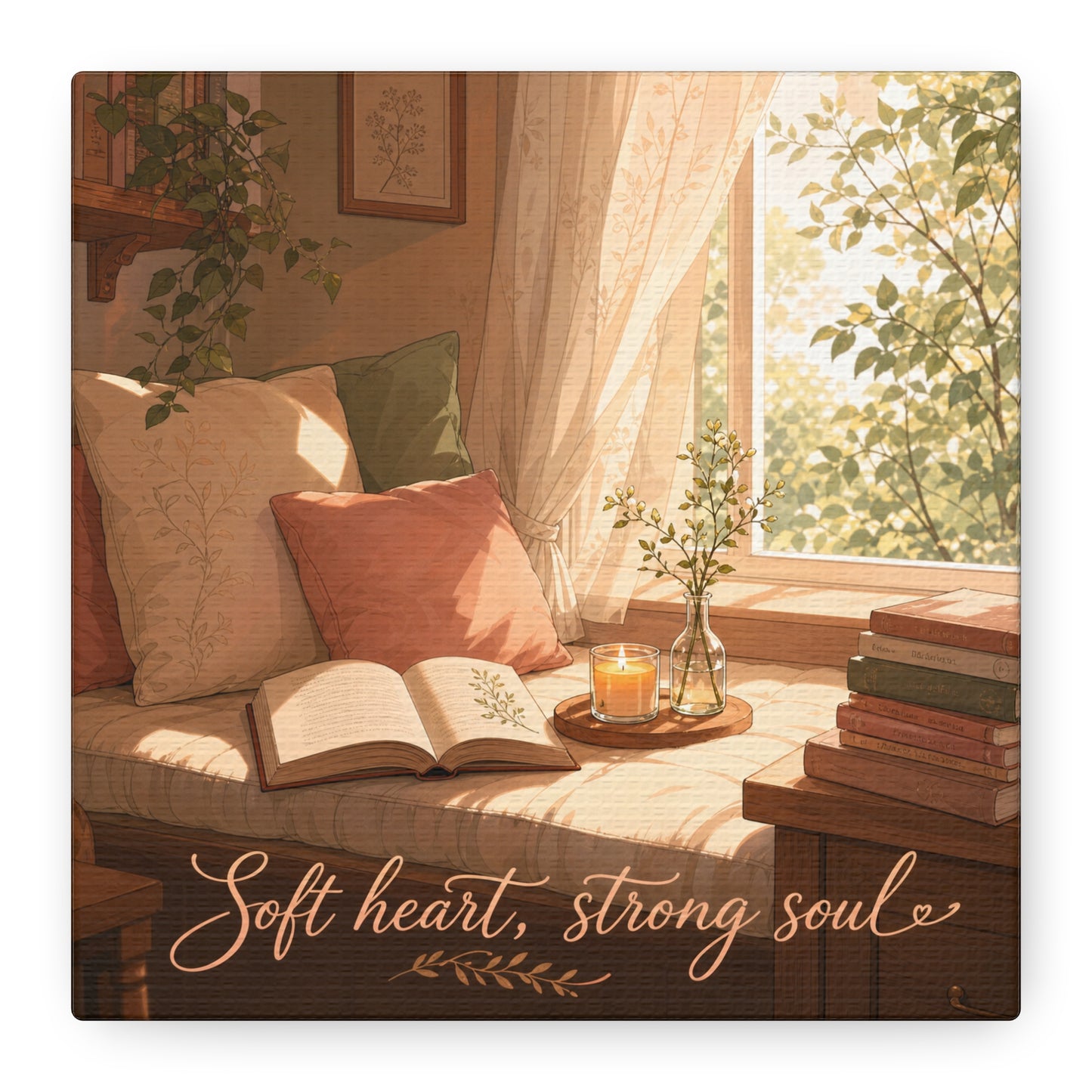 "Soft Heart, Strong Soul" Reading Nook Canvas Wall Art - Sunlit Window Seat, Books, Candle, Botanical Bedroom Decor - Cozy Cottagecore Style - Living Room Wall Decor - Bedroom Home Decoration