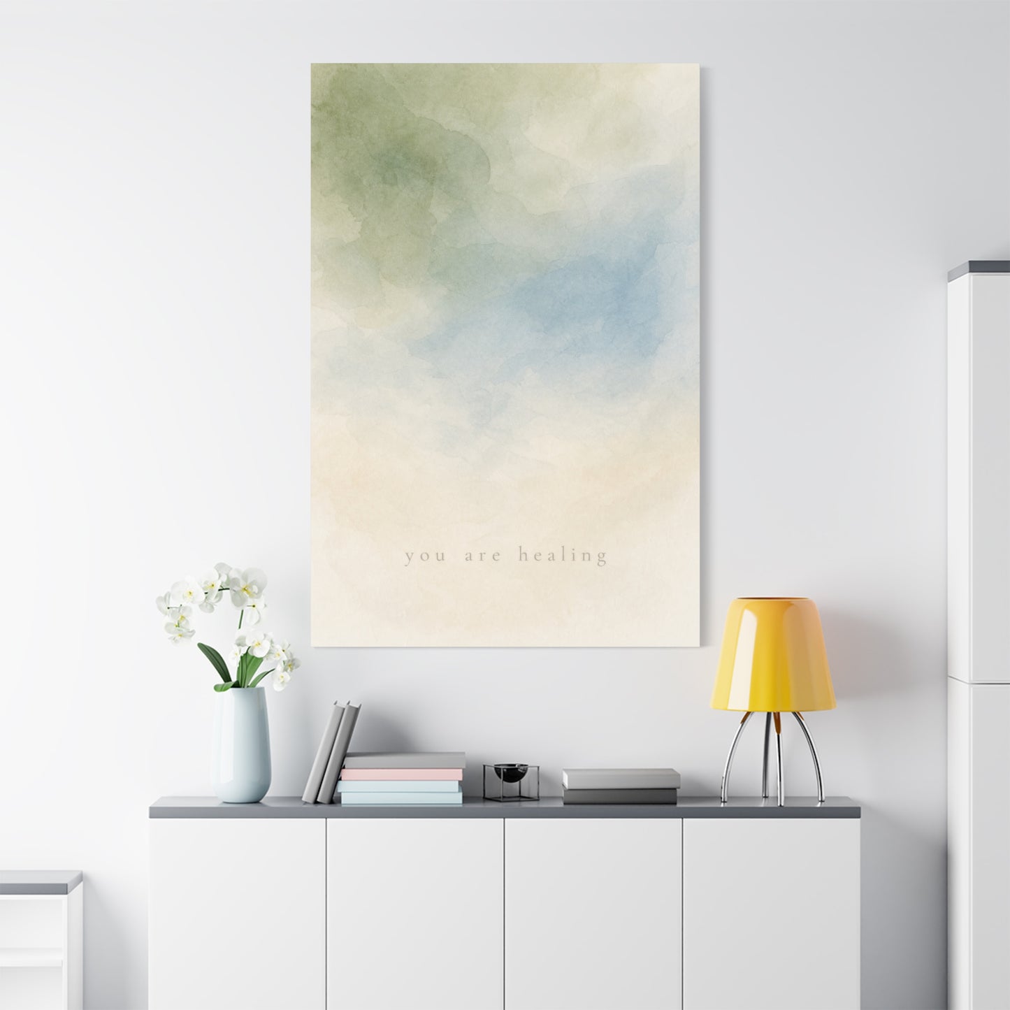 "You Are calming" Abstract Canvas Wall Art - Soft Blue Green Watercolor Quote Print - Minimalist Calm Style - Bedroom Wall Decor, Meditation Space, Living Room Home Decoration - Modern Farmhouse Style