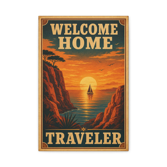"Welcome Home Traveler" Vintage Coastal Canvas Wall Art - Sunset Sailboat Seascape Print - Retro Travel Poster Style - Living Room Wall Decor, Hallway Home Decoration - Modern Farmhouse Style