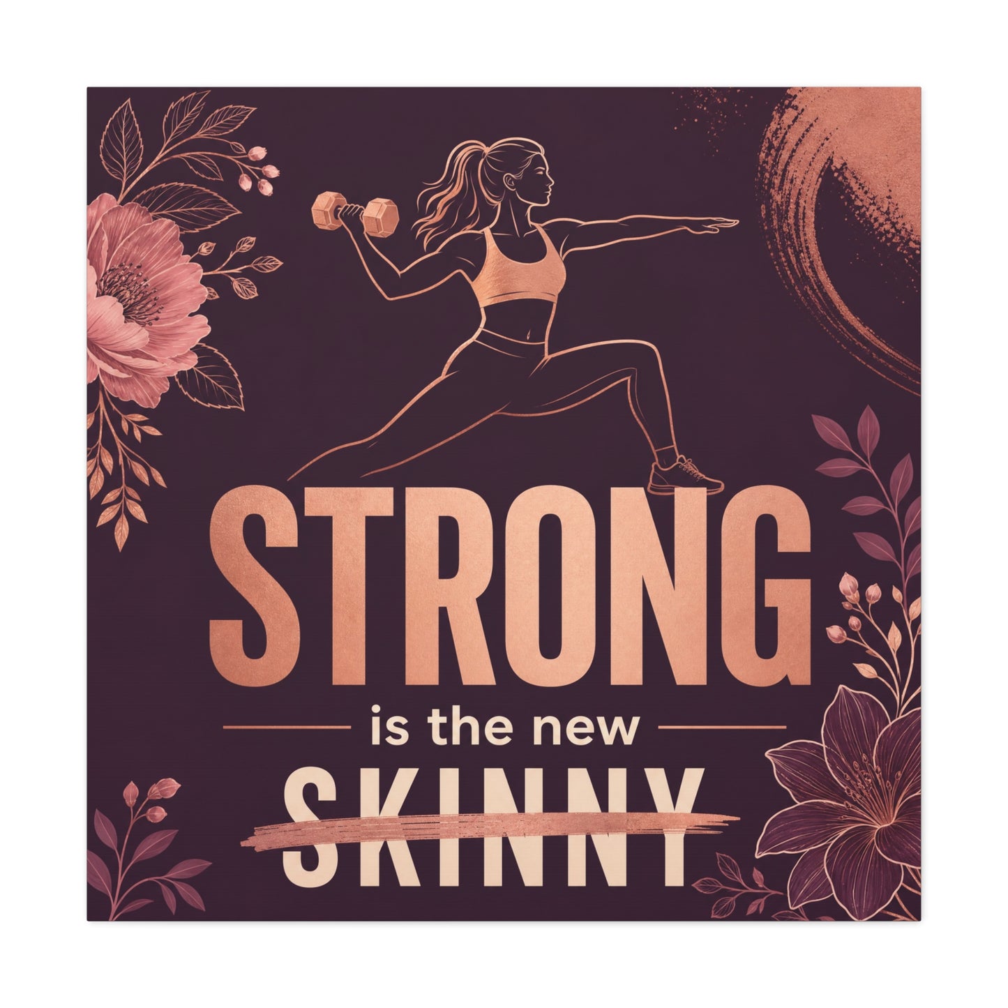 "Strong Is The New Skinny" Fitness Canvas Wall Art - Woman With Dumbbell Floral Quote Print - Rose Gold Motivational Decor - Modern Bedroom Wall Decor - Bedroom Home Decoration - Cozy Reading Nook Art