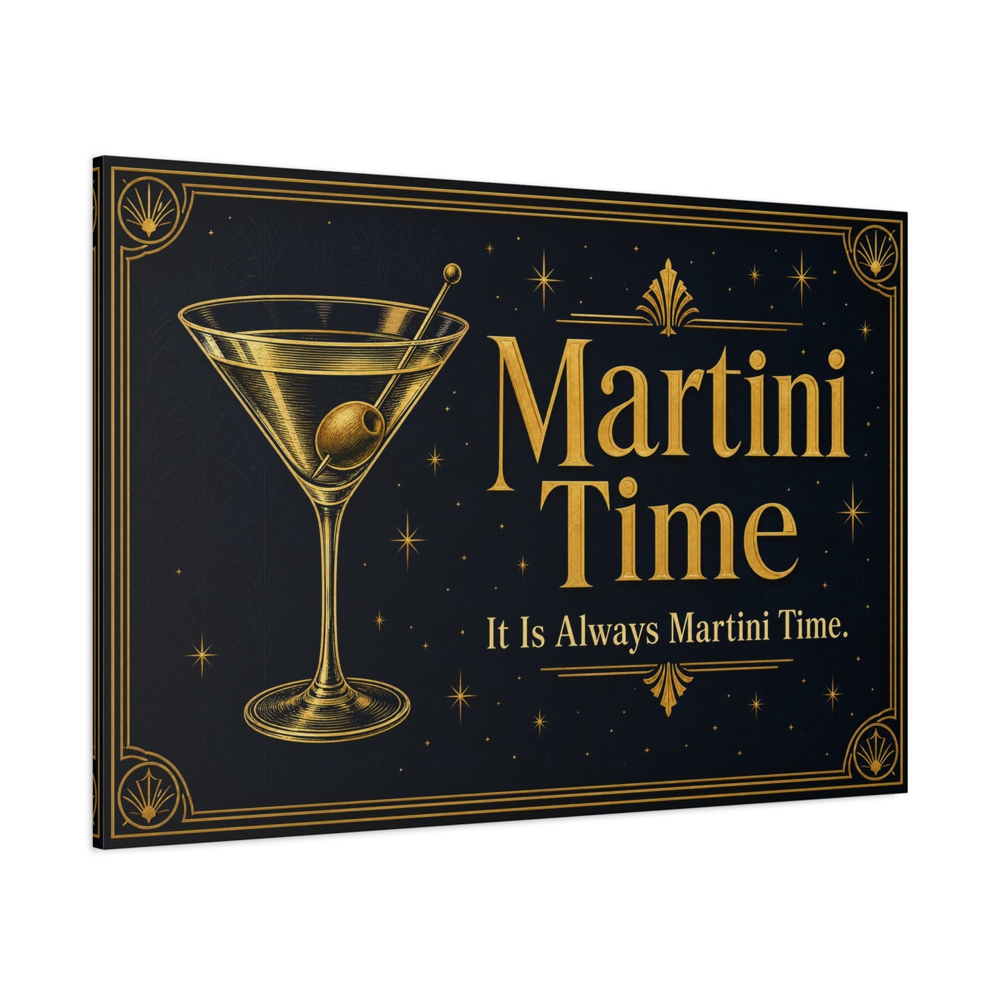 "Martini Time" Cocktail Canvas Wall Art - Art Deco Martini Glass Quote Print, Black And Gold Bar Cart Decor, Vintage Lounge Style - Ready to Hang - Ready to Hang - Tavern Wall Decor - HP Latex Print