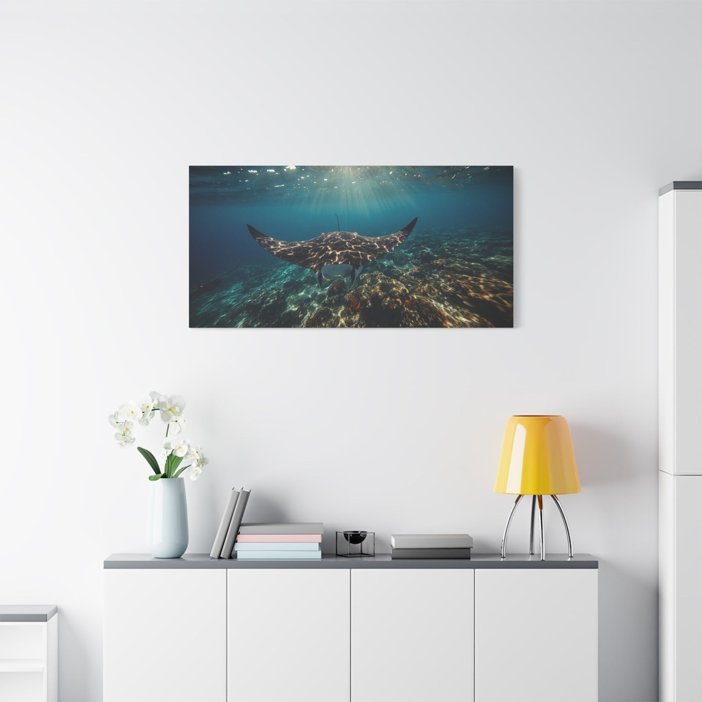 Manta Ray Canvas Wall Art - Underwater Ocean Art Print, Blue Coral Reef Seascape - Matte Cotton Canvas Print - Coastal Wall Decor, Living Room Home Decoration, Office Art - Bedroom Home Decoration