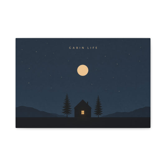 "Cabin Life" Moonlit Forest Canvas Wall Art - Minimalist Night Landscape Print - Rustic Lodge Decor, Bedroom Wall Accent, Living Room Decoration, Mountain Retreat Style - Bedroom Home Decoration