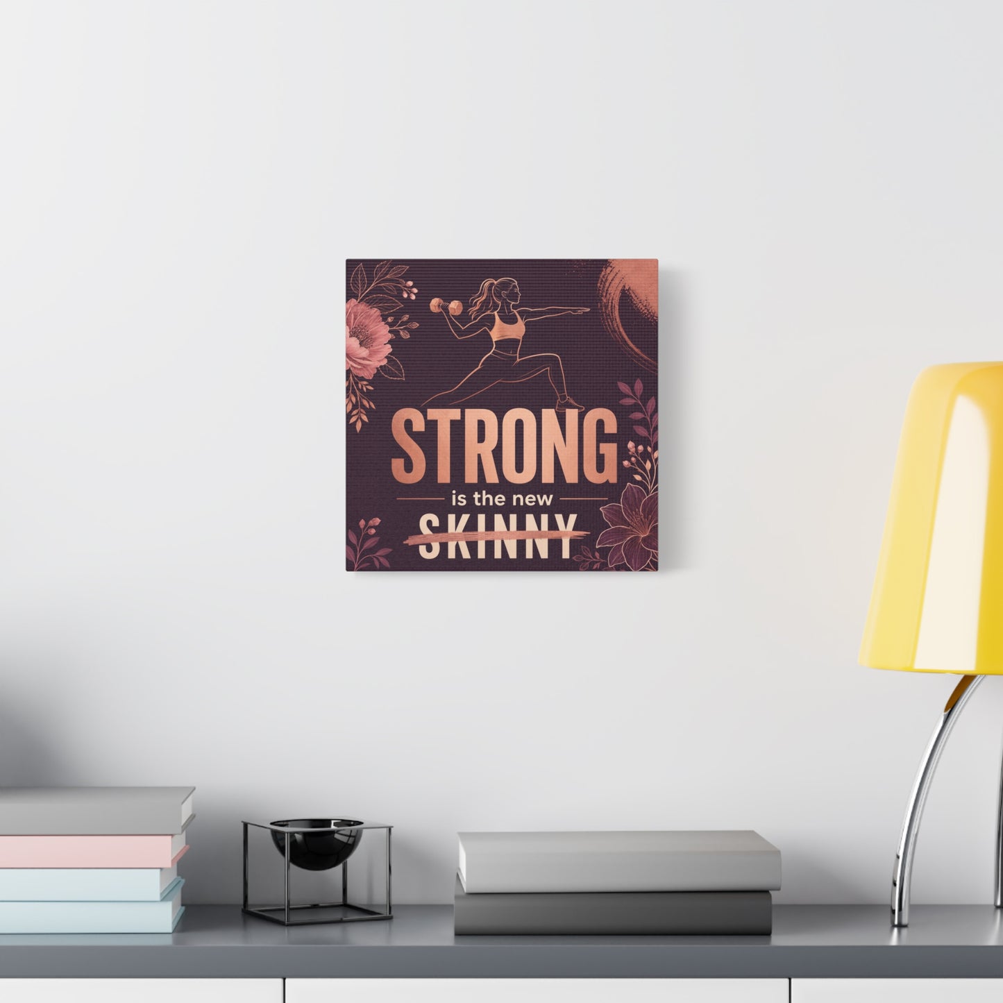 "Strong Is The New Skinny" Fitness Canvas Wall Art - Woman With Dumbbell Floral Quote Print - Rose Gold Motivational Decor - Modern Bedroom Wall Decor - Bedroom Home Decoration - Cozy Reading Nook Art
