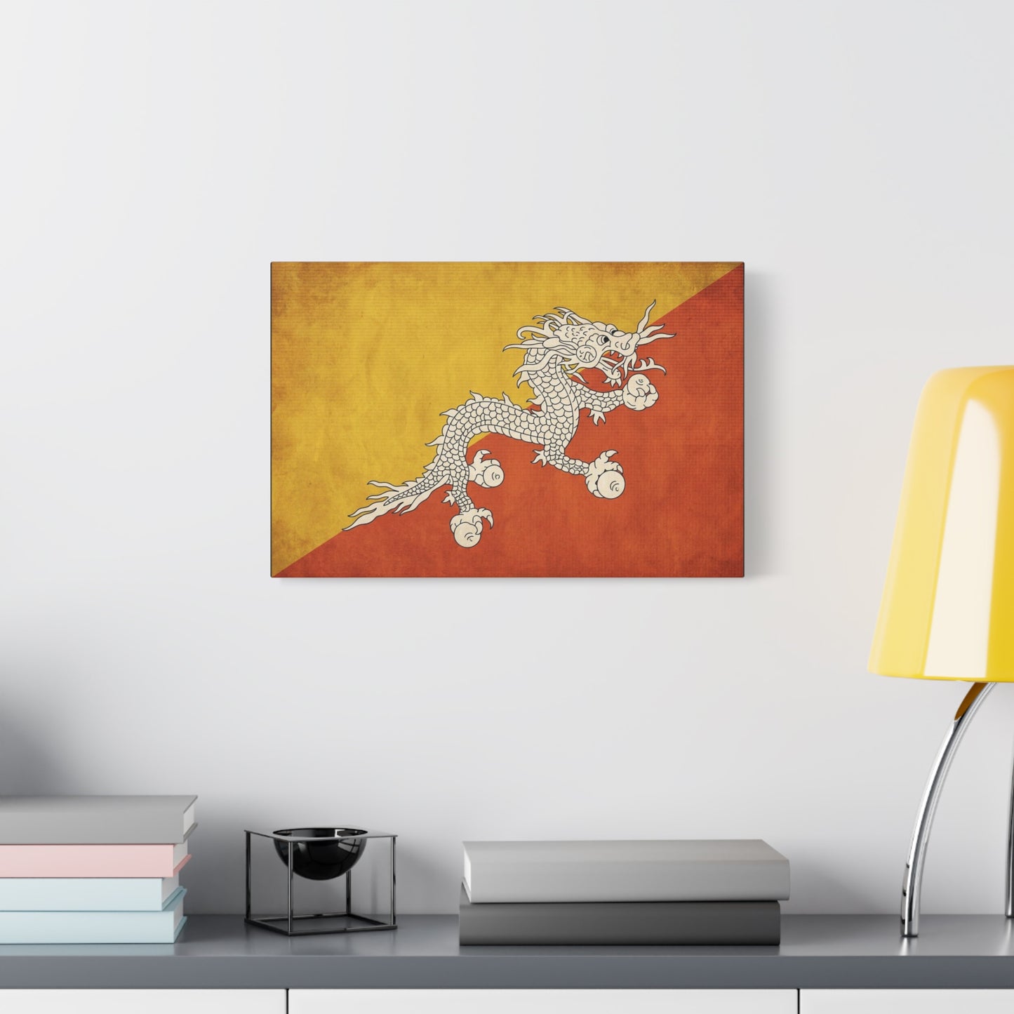 Bhutan Flag Dragon Canvas Wall Art - White Druk On Yellow Orange Field - Vintage Textured Print, Cultural Wall Decor, Living Room Home Decoration - Modern Farmhouse Style - Bedroom Home Decoration