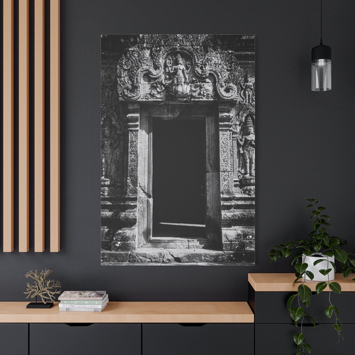 Buddhist Temple Doorway Canvas Wall Art - Black And White Stone Carving, Religious Architecture Print, Traditional Monochrome Decor - Living Room Wall Decor, Office Art - Bedroom Home Decoration