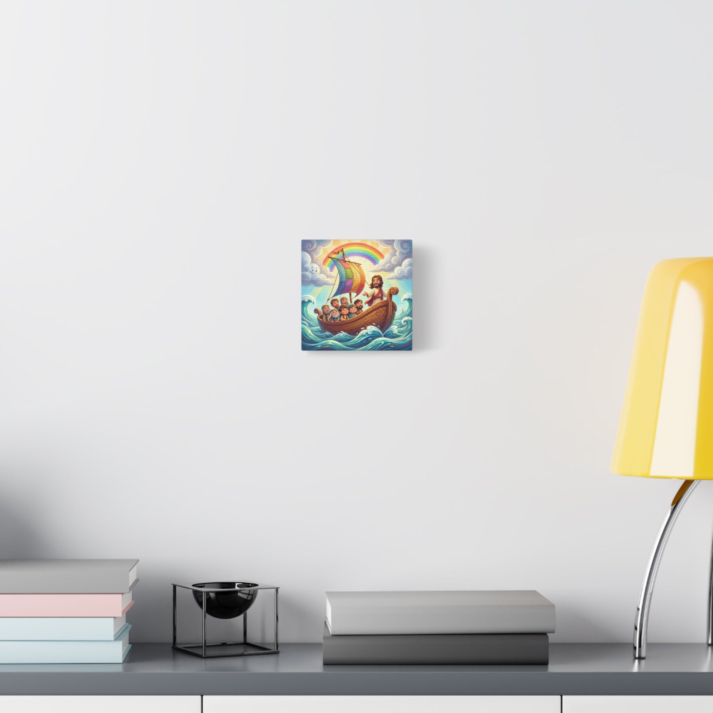 Jesus Boat Canvas Wall Art - Rainbow Sail, Disciples At Sea, Christian Nursery Decor - Matte Cotton Print - Whimsical Religious Style For Kids Bedroom Playroom Home Decoration - Living Room Wall Decor