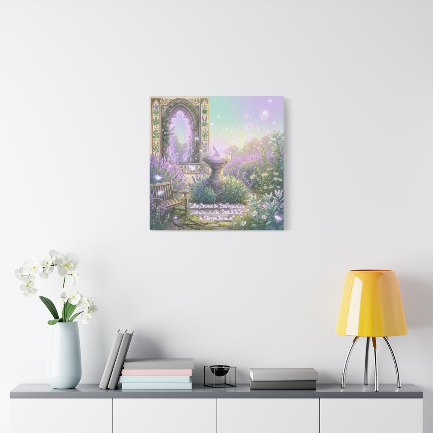 "Like Flowers In God's Garden, You Are Growing Beautifully In His Gentle Care" Canvas Wall Art - Lavender Garden Arch, Sundial Bench - Pastel Botanical Decor For Bedroom Living Room - Office Wall Art