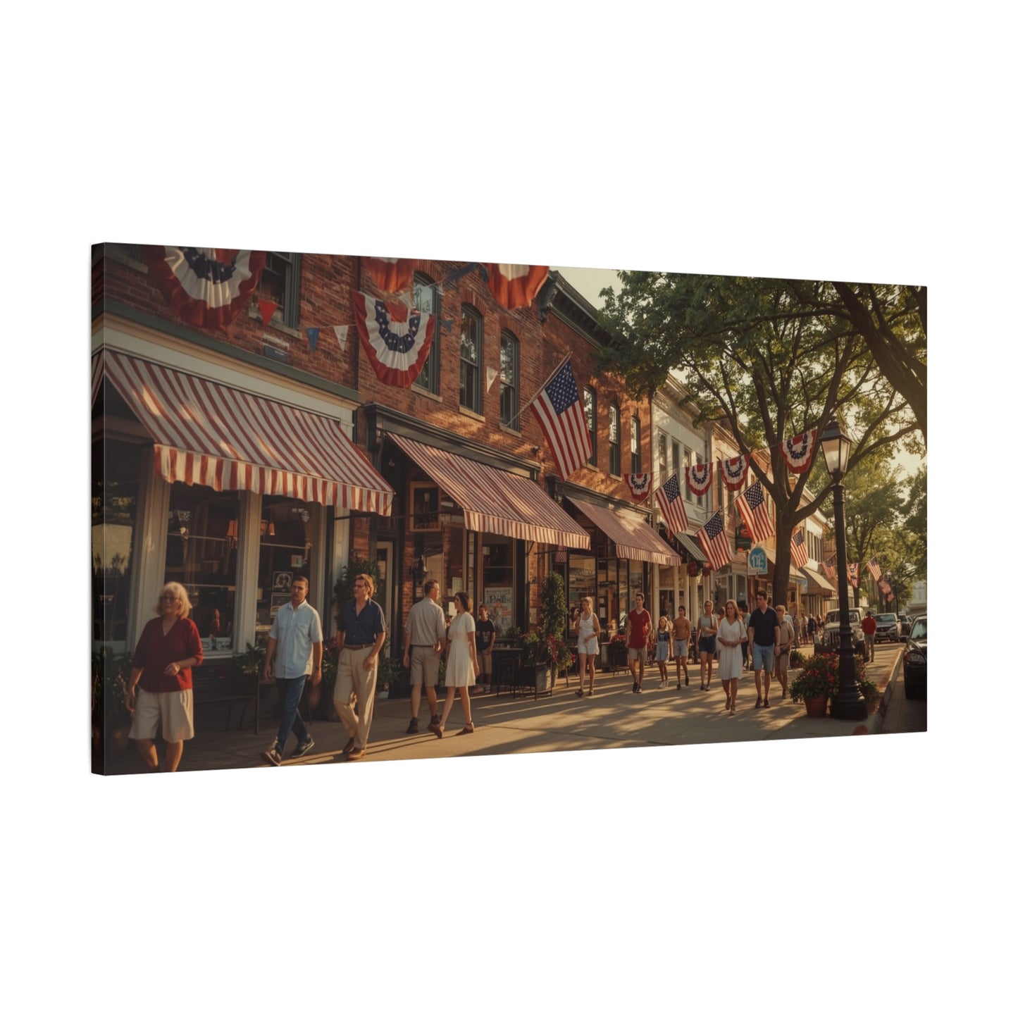 Patriotic Main Street Canvas Wall Art - American Flag Small Town Streetscape, Golden Hour Art Print - Vintage Americana Style - Living Room Wall Decor, Office Art Accent - Ready to Hang