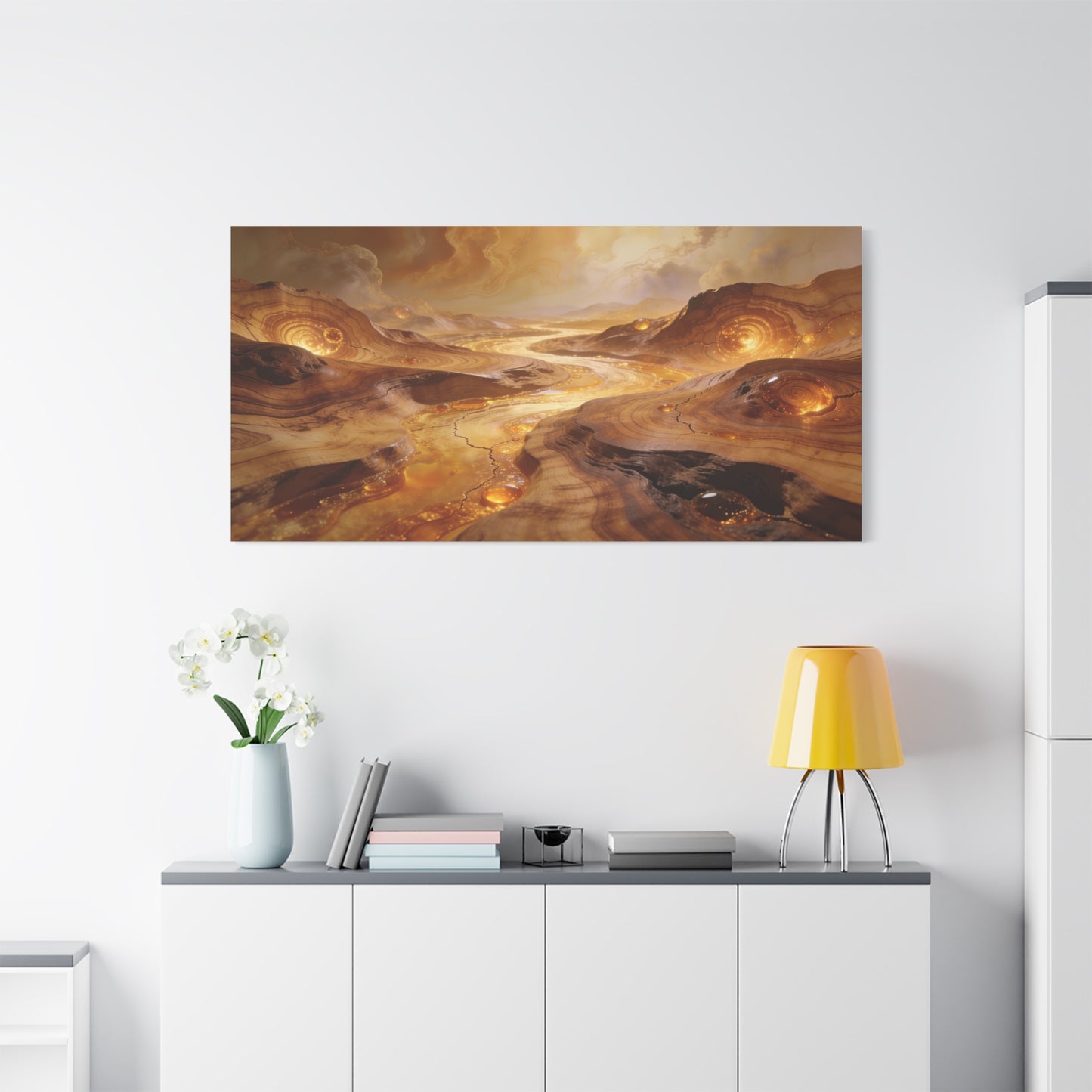 Golden Abstract Landscape Canvas Wall Art - Glowing River, Swirling Stone Forms - Contemporary Matte Canvas Print - Living Room Wall Decor, Bedroom Home Decoration, Office Art - Modern Farmhouse Style