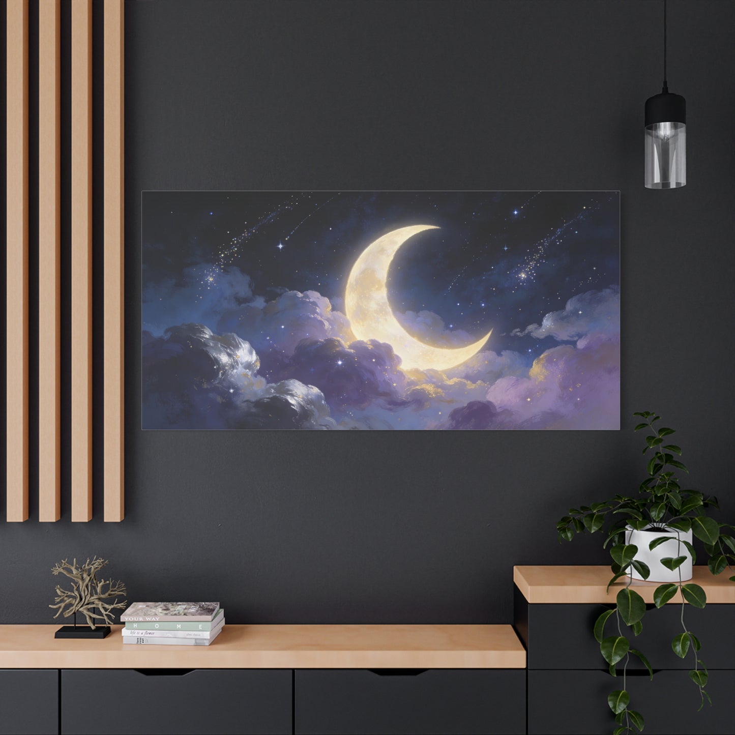 Crescent Moon Canvas Wall Art - Dreamy Night Sky Clouds, Celestial Starry Canvas Print - Contemporary Blue Gold Fantasy Decor - Bedroom Wall Decor, Living Room Home Accent - Bedroom Home Decoration
