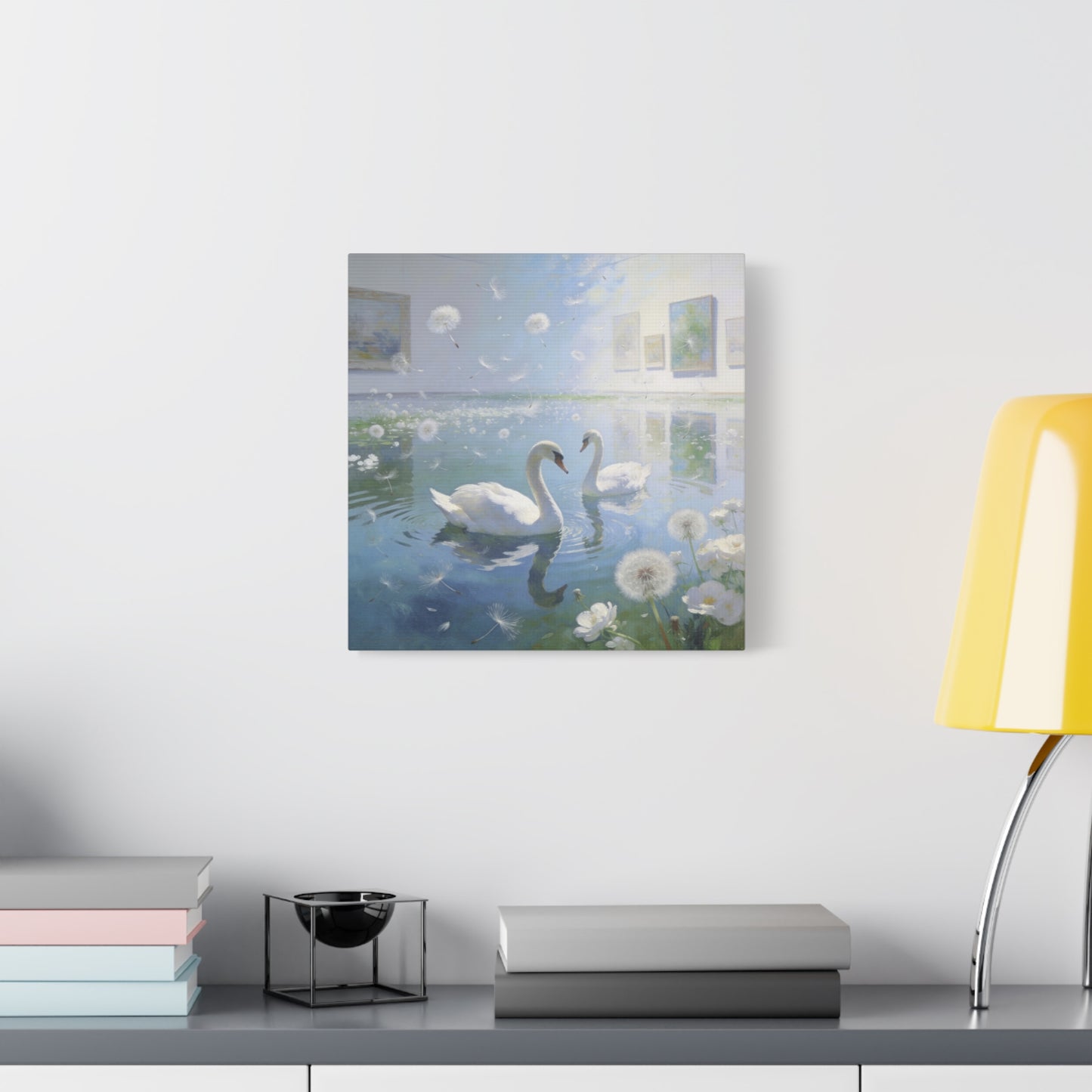 White Swan Canvas Wall Art - Serene Pond With Dandelion Seeds, Soft Blue Water Reflection - Dreamy Traditional Style - Living Room Wall Decor, Bedroom Home Decoration, Office Art - Ready to Hang