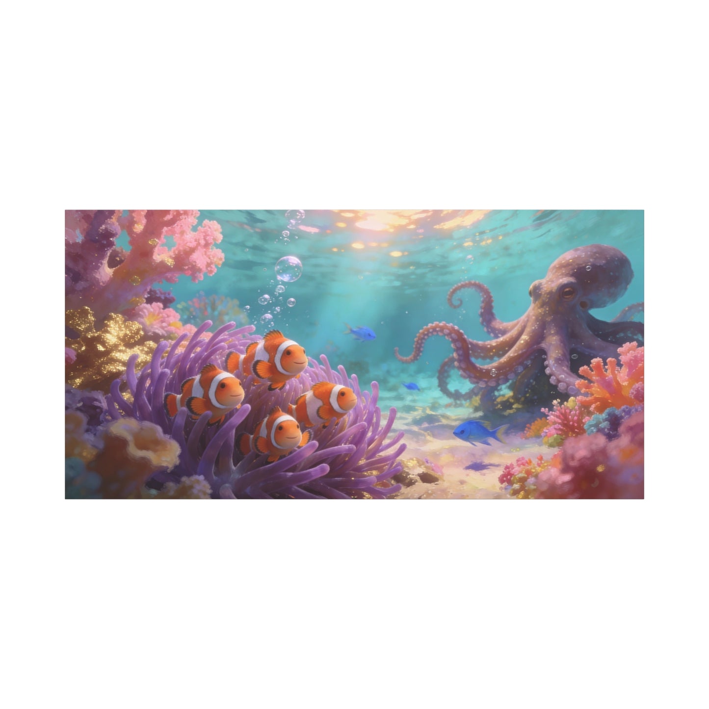 Clownfish And Octopus Canvas Wall Art - Whimsical Underwater Coral Reef Scene, Ocean Nursery Decor, Coastal Style, Matte Canvas Print, Bedroom Decoration, Playroom Accent, Office Art - Ready to Hang