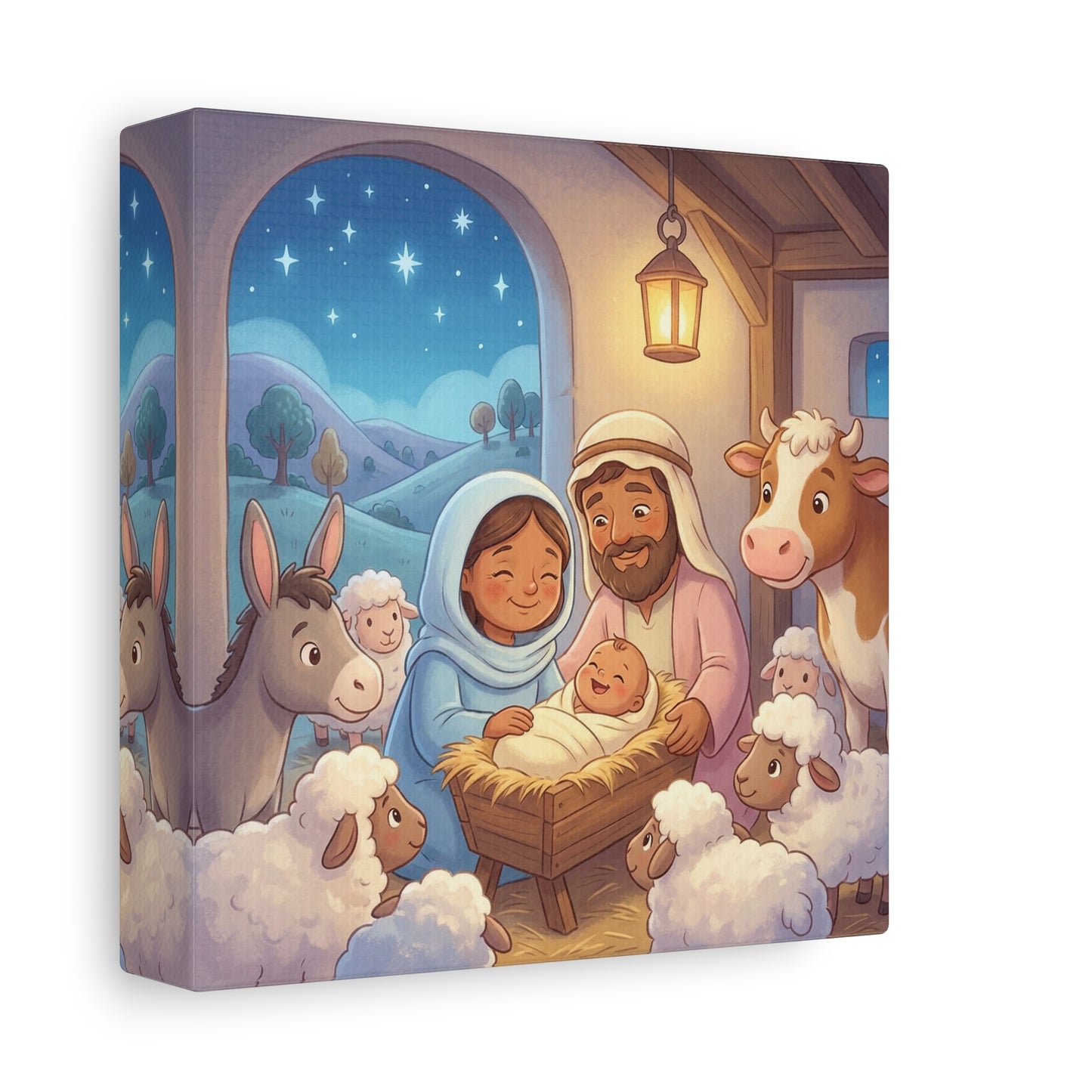 Holy Family Nativity Canvas Wall Art - Baby Jesus, Mary And Joseph Nursery Decor - Starry Stable Christian Home Decoration - Matte Canvas Print For Bedroom, Living Room - Ready to Hang - Ready to Hang