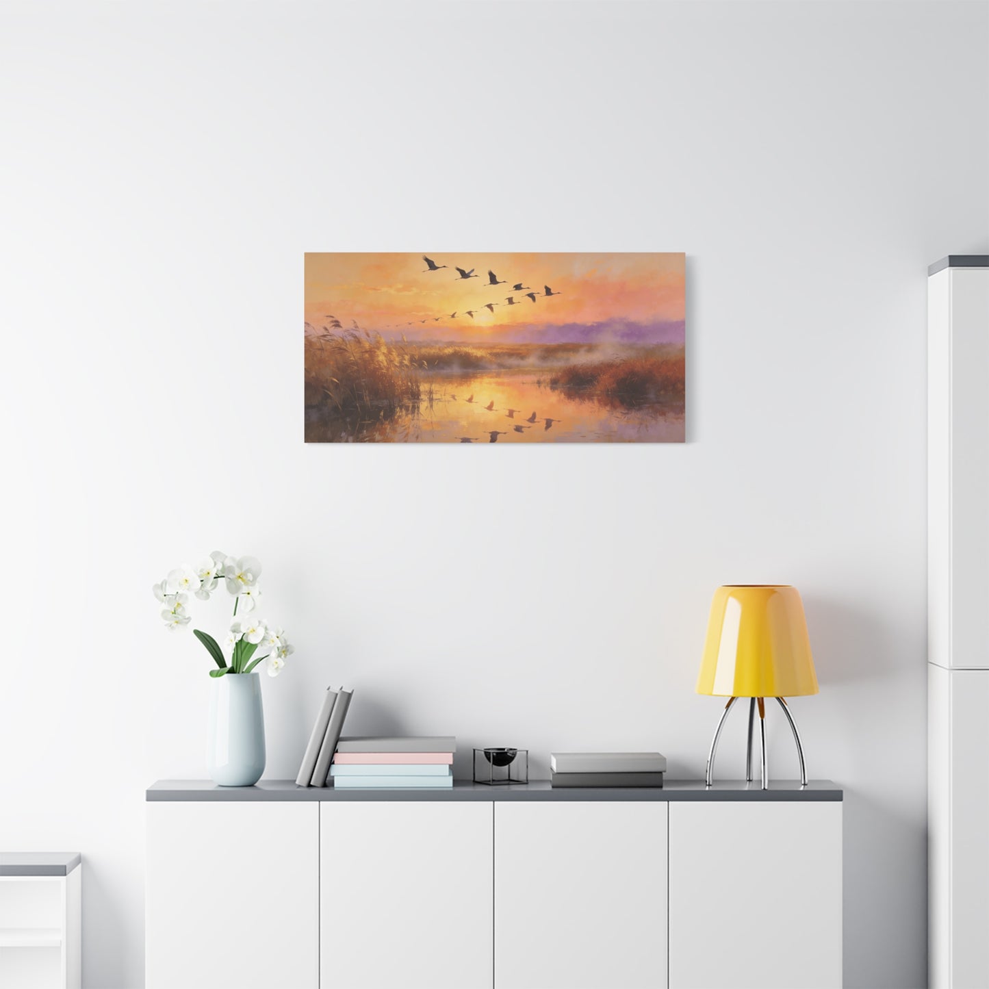 Flying Cranes Sunset Canvas Wall Art - Marsh Landscape Bird Painting, Golden Reeds Reflection, Matte Canvas Print - Traditional Style - Living Room Wall Decor Bedroom Decoration - Ready to Hang