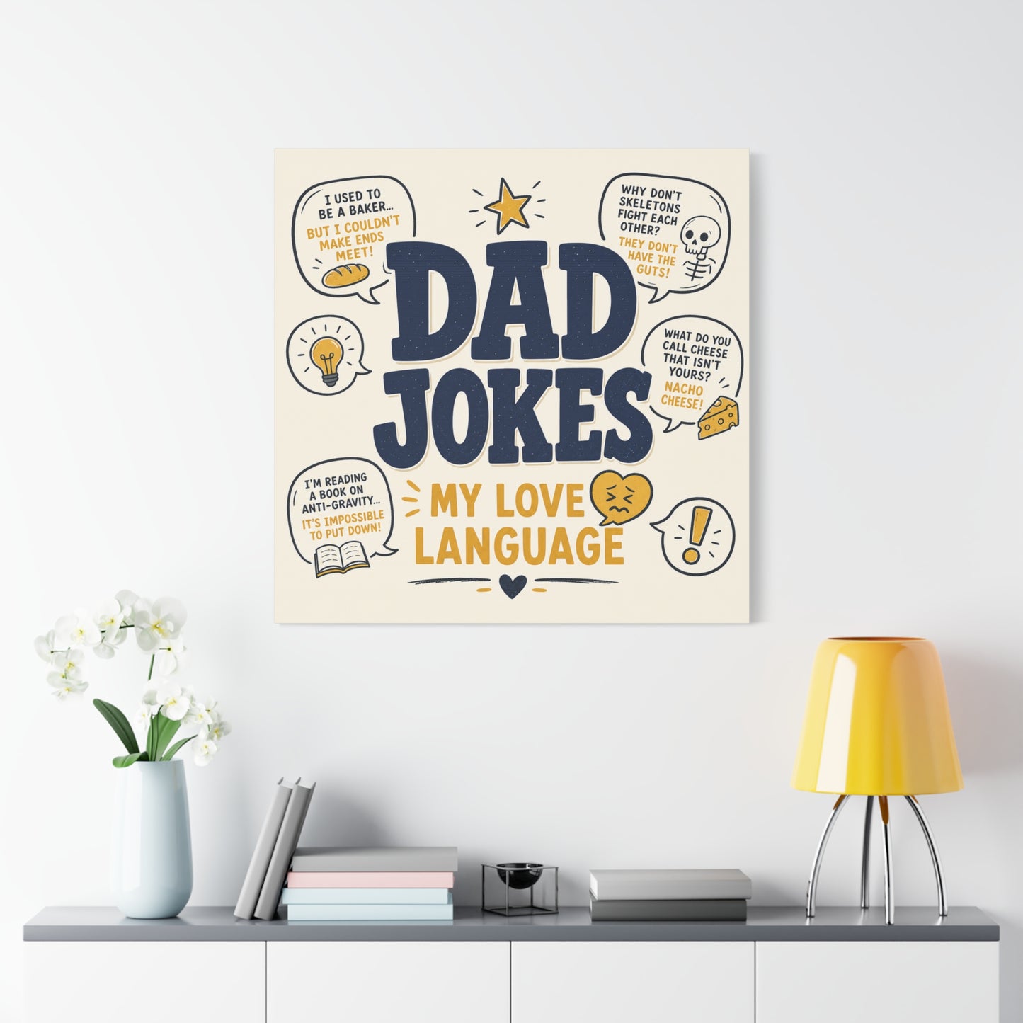 "Dad Jokes My Love Language" Funny Quote Canvas Wall Art - Pun Typography Print, Retro Humor Decor, Home Office Wall Decor, Man Cave Decoration, Novelty Room Accent - Ready to Hang - Ready to Hang
