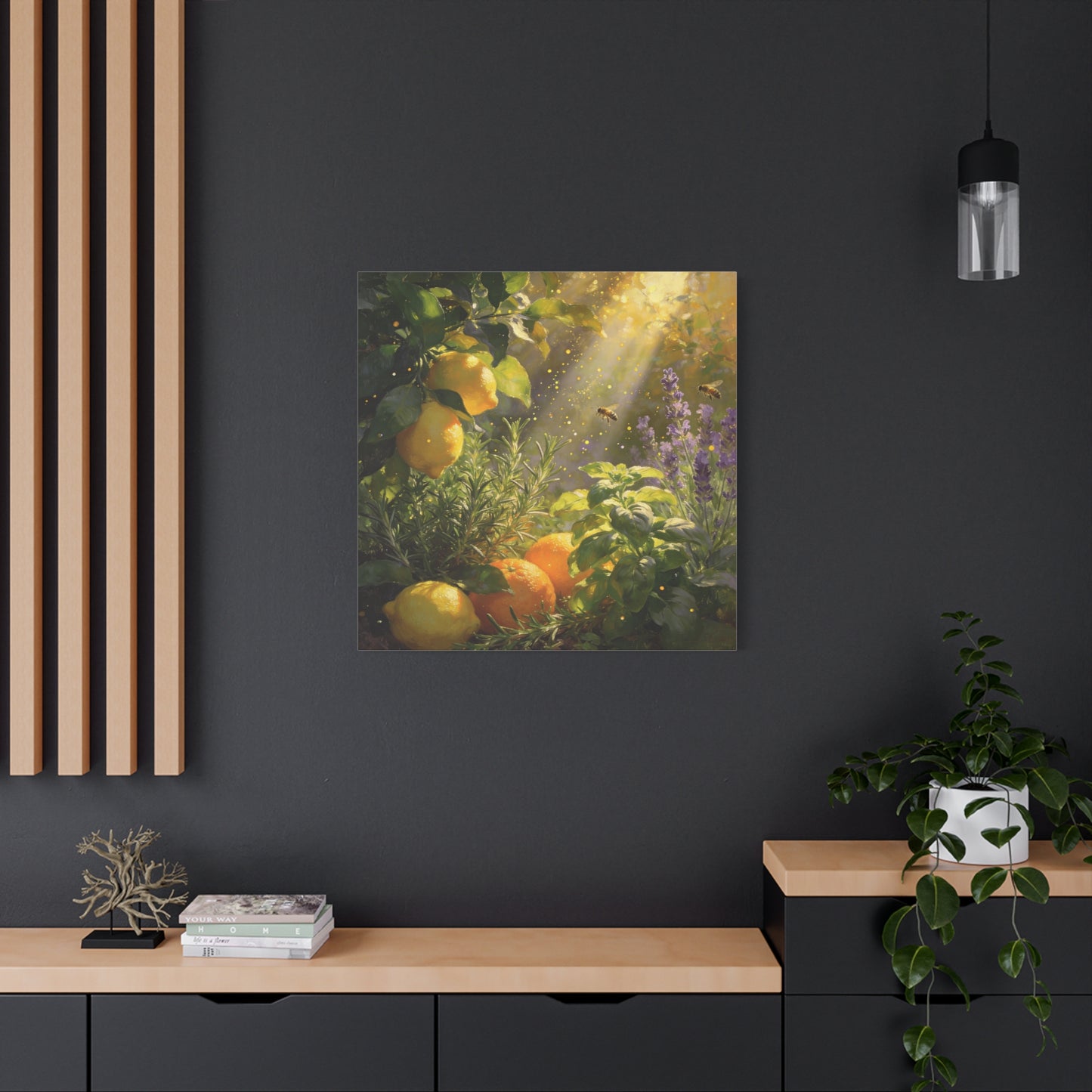 Lemon Herb Garden Canvas Wall Art - Bees, Lavender, Rosemary, Sunlit Botanical Painting - Matte Cotton Print, Rustic Farmhouse Style - Kitchen Wall Decor, Dining Room Accent - Bedroom Home Decoration
