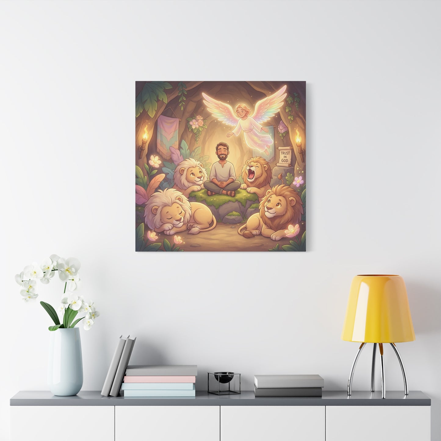 "Trust In God" Christian Canvas Wall Art - Angel, Man With Lions Cave Scene - Pastel Nursery Decor, Matte Cotton Print - Kids Bedroom Wall Decor, Playroom Home Decoration - Ready to Hang