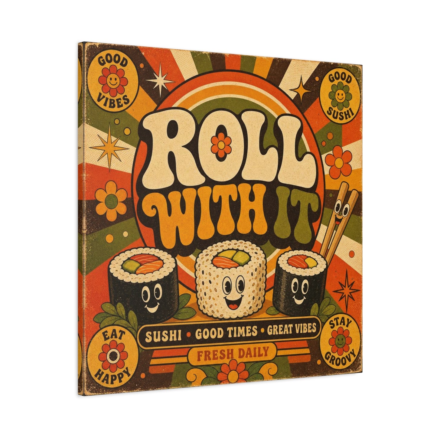 "Roll With It" Sushi Canvas Wall Art - Retro Typography Food Illustration, Groovy Orange Green Bohemian Print, Cafe Wall Decor, Kitchen Room Decoration, Vintage Poster Style - Bedroom Home Decoration