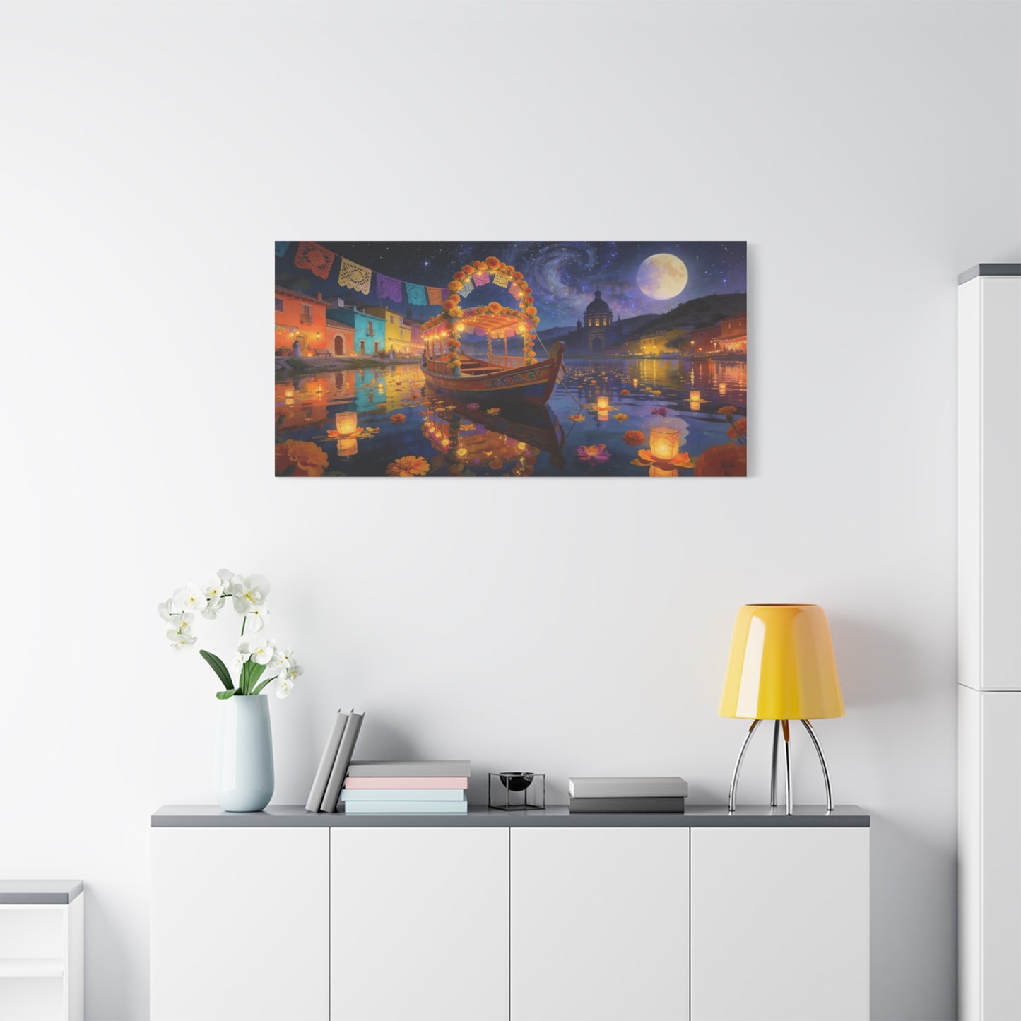 Moonlit Marigold Boat Canvas Wall Art - Colorful Festival Lake Scene, Full Moon Night Sky - Matte Cotton Art Print - Bohemian Living Room Wall Decor, Bedroom Home Decoration - Bedroom Home Decoration