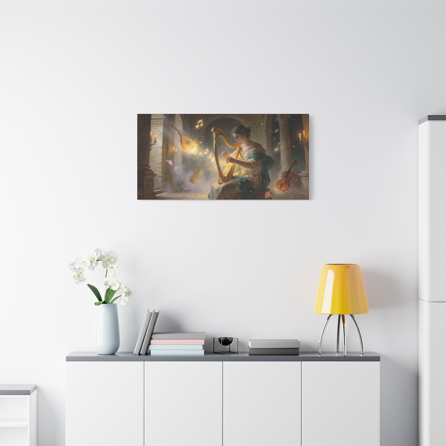 Woman Playing Harp Canvas Wall Art - Romantic Music Painting, Glowing Notes, Violin And Lute - Matte Cotton Print - Traditional Style, Living Room Wall Decor, Bedroom Accent - Bedroom Home Decoration
