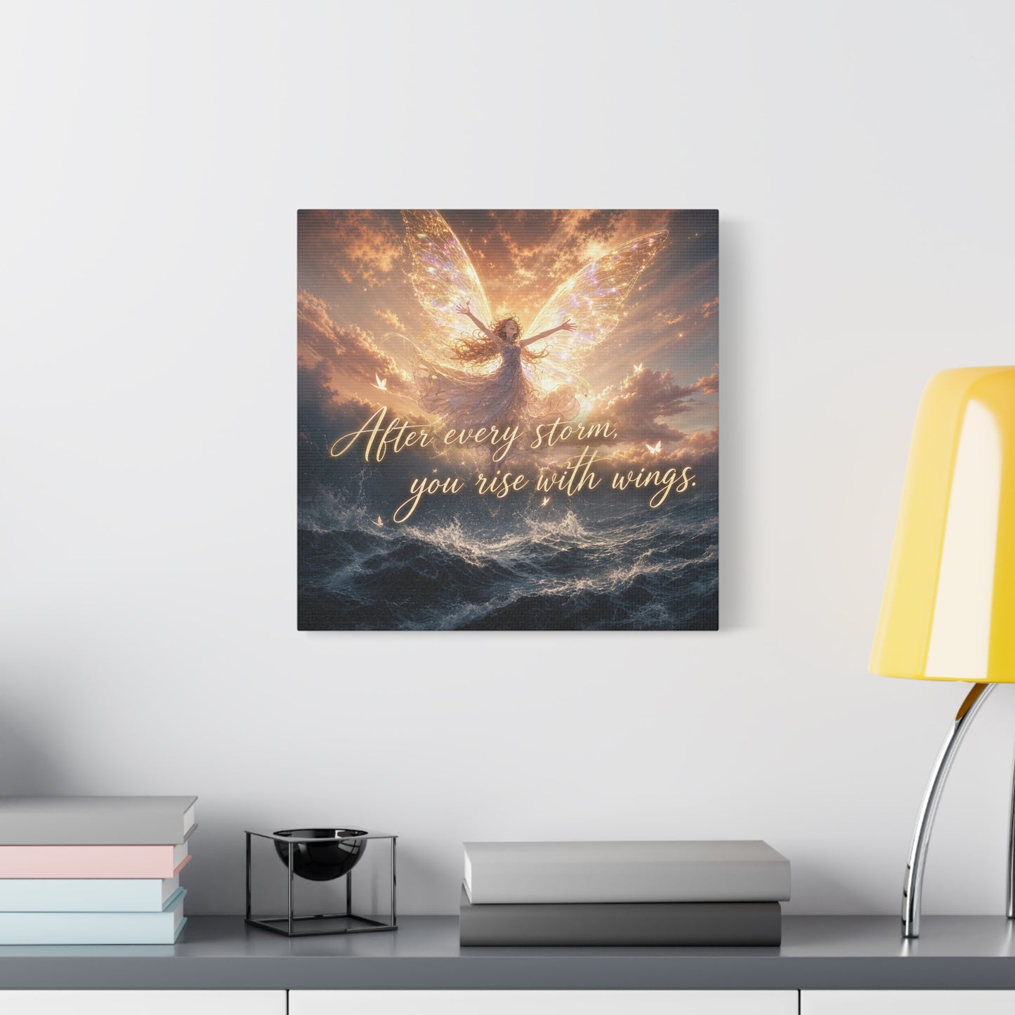 "After Every Storm, You Rise With Wings." Fairy Canvas Wall Art - Inspirational Ocean Sky Quote Print - Golden Ethereal Fantasy Decor - Bedroom Wall Hanging, Living Room Accent - Ready to Hang