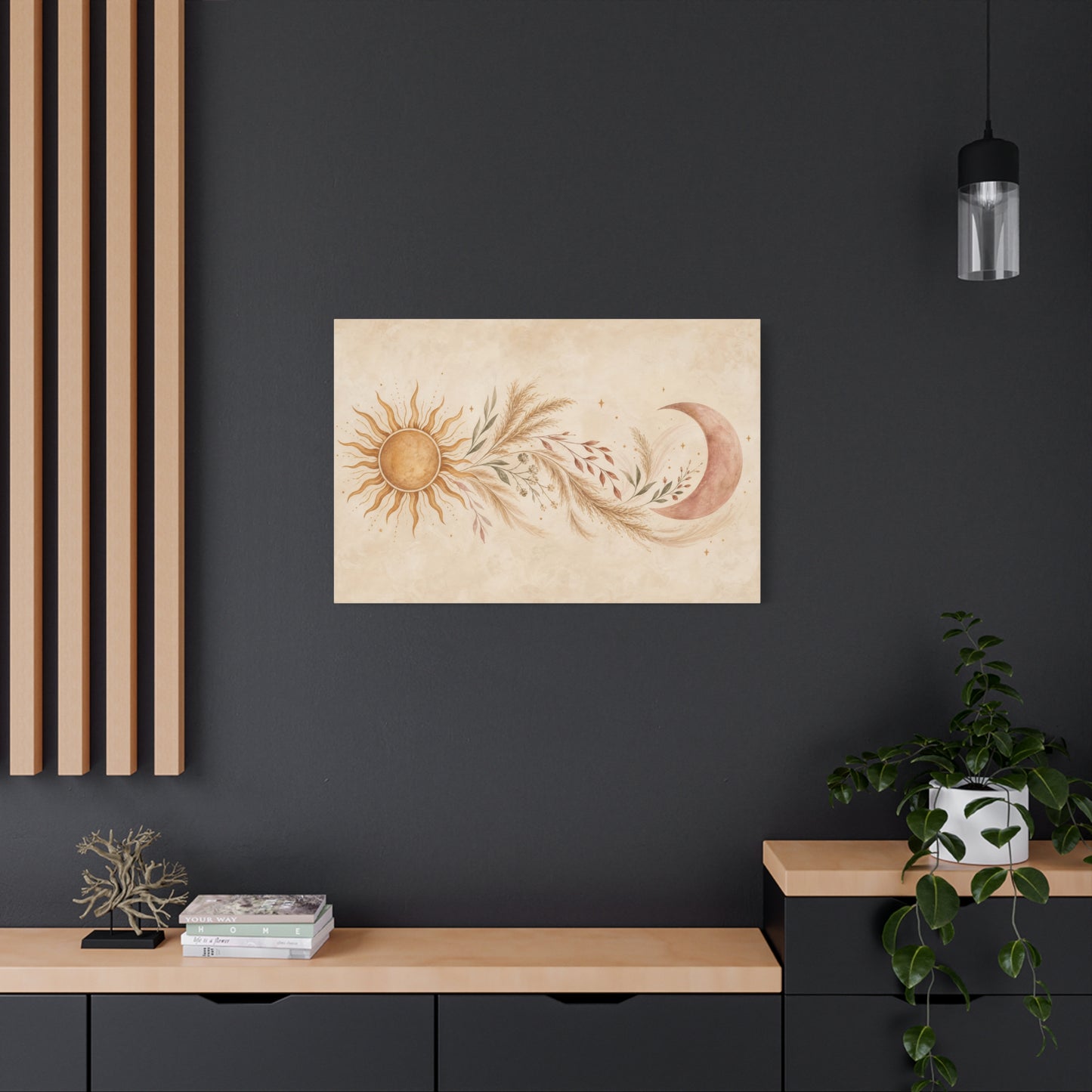Boho Sun And Moon Canvas Wall Art - Celestial Botanical Pampas Grass Print - Neutral Beige Terracotta Modern Bohemian Decor - Bedroom Living Room Wall Decor - Meditation Space Accent - Ready to Hang