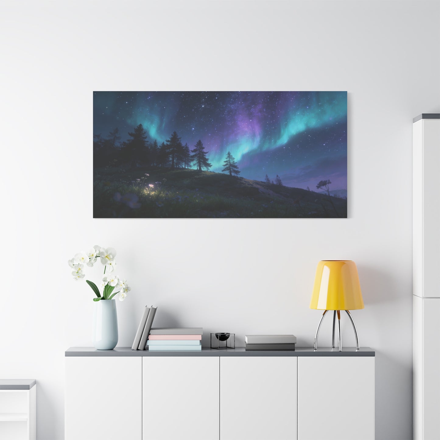 Northern Lights Canvas Wall Art - Aurora Borealis Night Sky Landscape Print, Starry Forest Meadow, Calming Contemporary Decor - Living Room Wall Decor, Bedroom Home Decoration - Modern Farmhouse Style