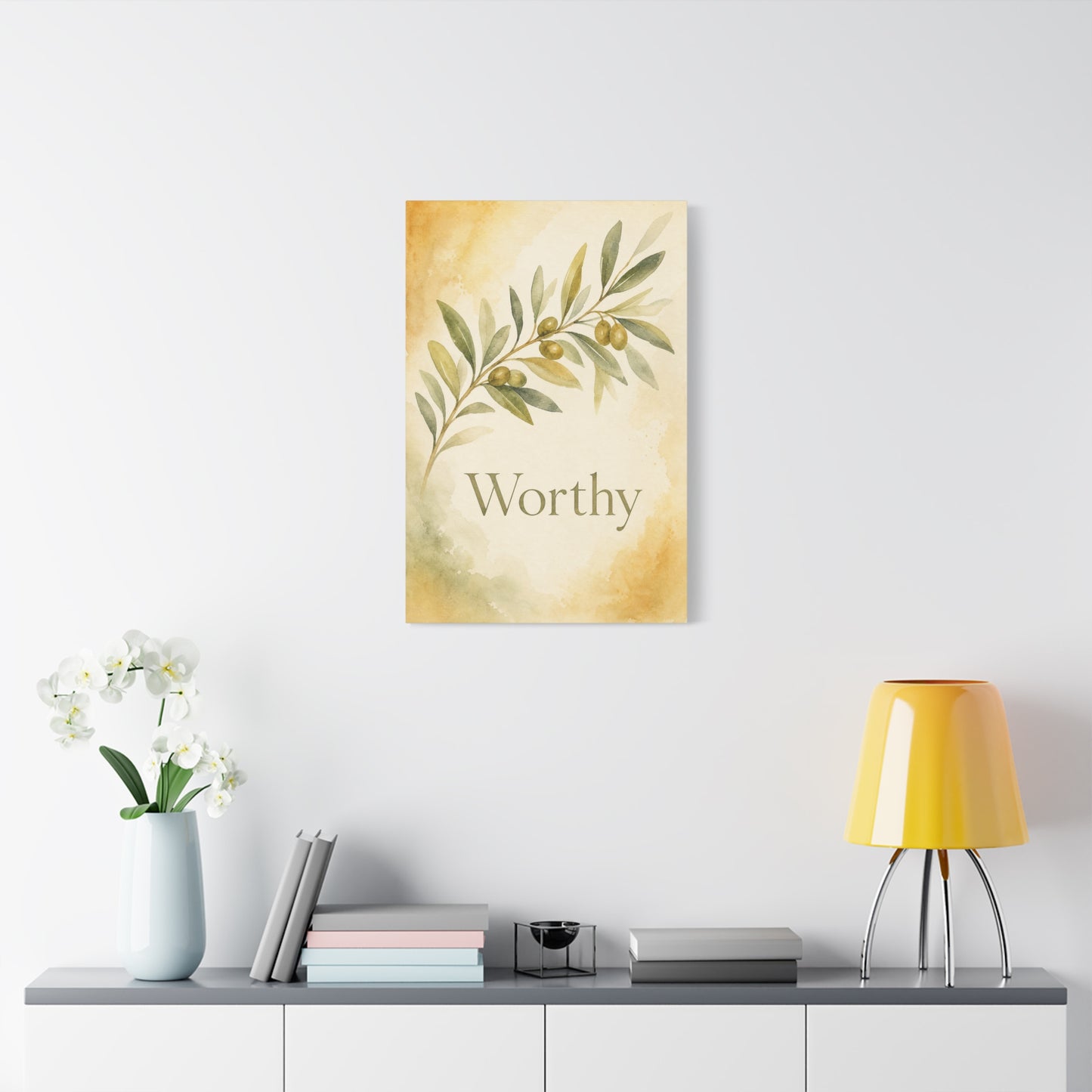 "Worthy" Olive Branch Canvas Wall Art - Botanical Inspirational Wall Decor - Watercolor Sage Gold Canvas Print - Bedroom Living Room Decoration - Ready to Hang - Bedroom Home Decoration