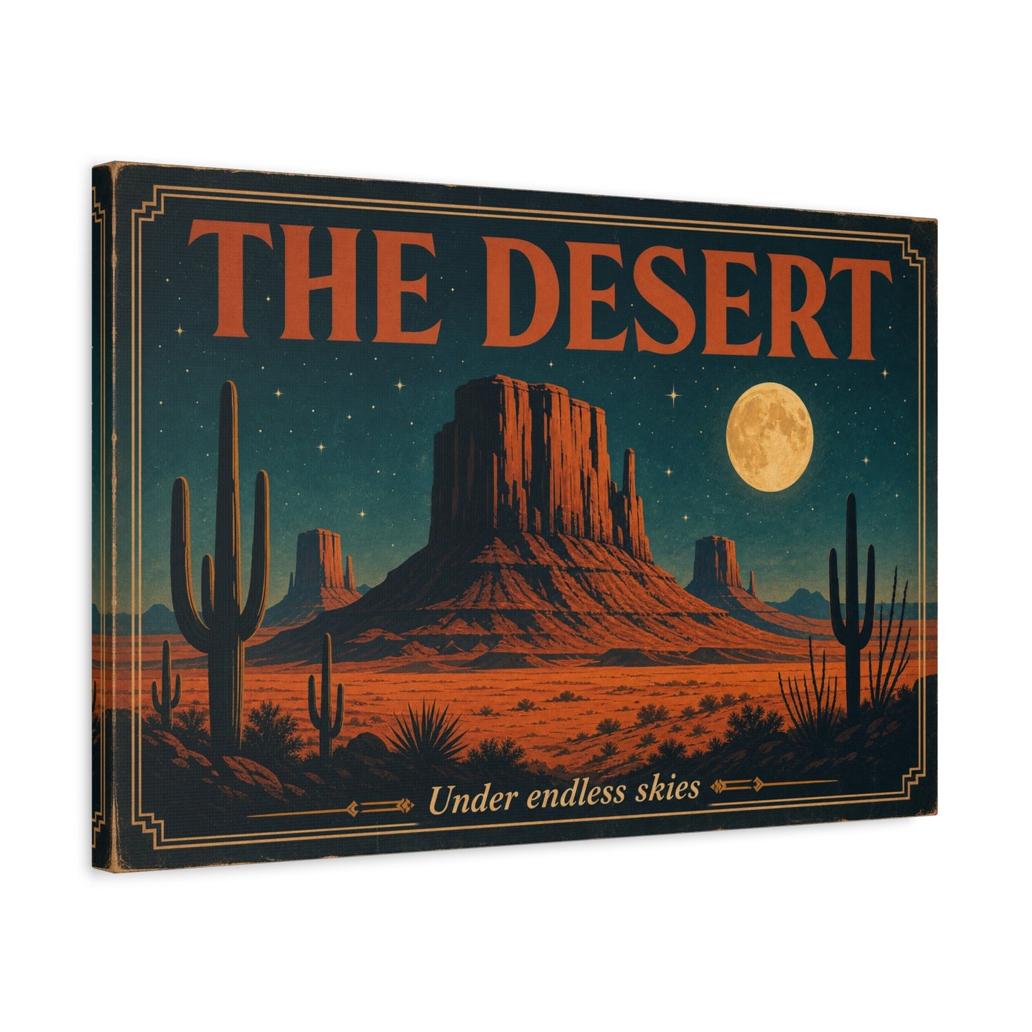 "THE DESERT" Canvas Wall Art - Moonlit Saguaro Desert Mesa Landscape, "Under endless skies" - Vintage Southwest Poster Style, Living Room Wall Decor, Bedroom Home Decoration - Bedroom Home Decoration