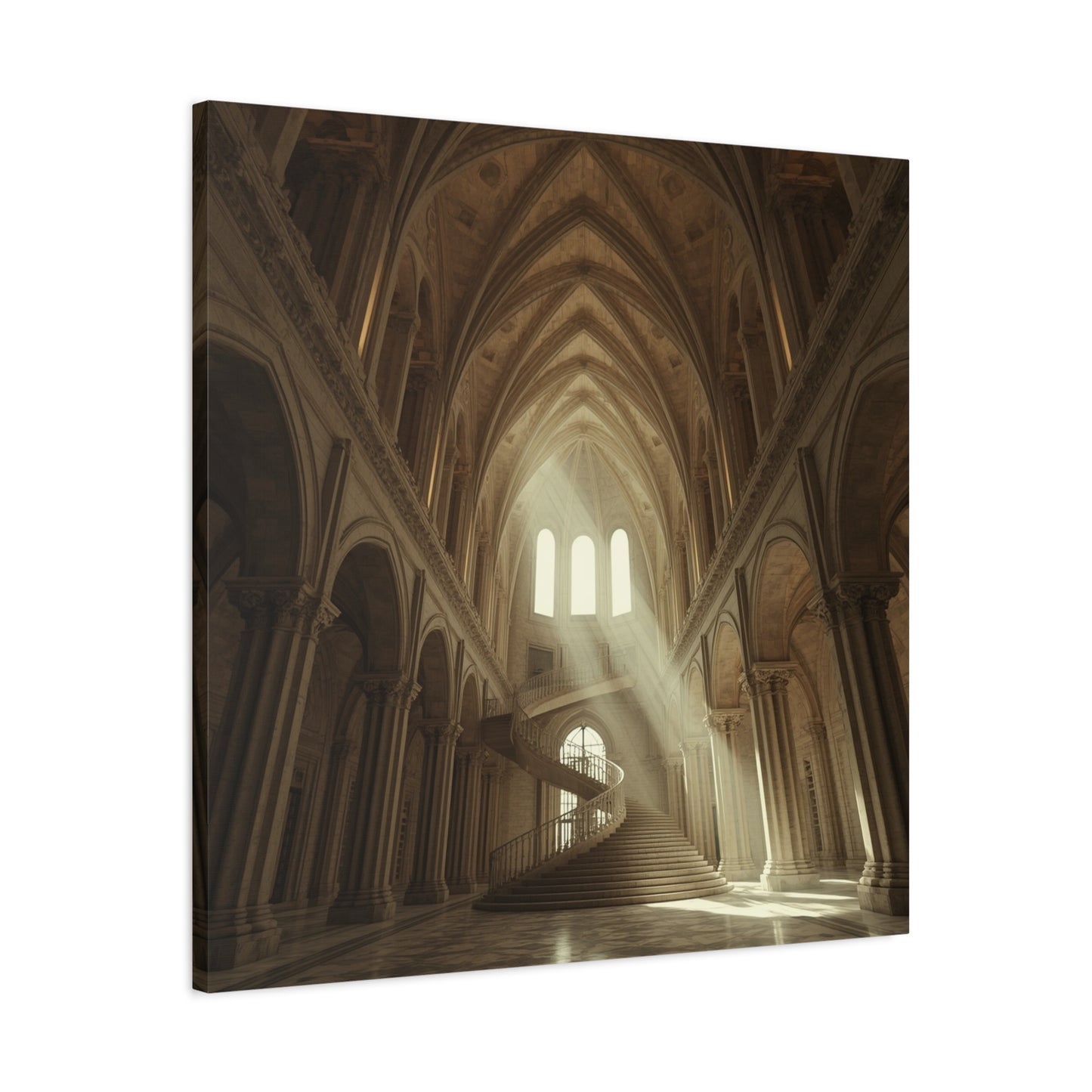 Gothic Cathedral Interior Canvas Wall Art - Sunlit Spiral Staircase, Religious Architecture Print - Matte Cotton Canvas - Traditional Style - Living Room Wall Decor, Office Art - Ready to Hang