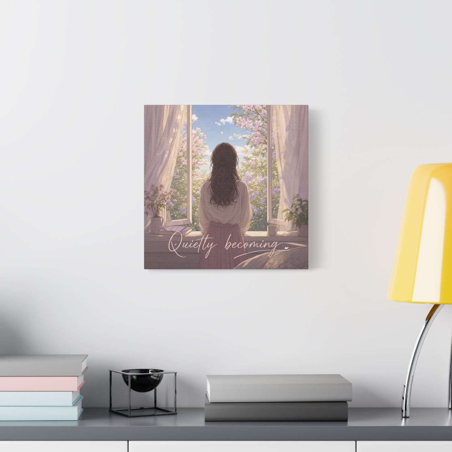 "Quietly Becoming" Girl At Window Canvas Wall Art - Cherry Blossom Bedroom Decor, Soft Pastel Inspirational Print, Dreamy Feminine Room Decoration - Bedroom Home Decoration - Living Room Wall Decor
