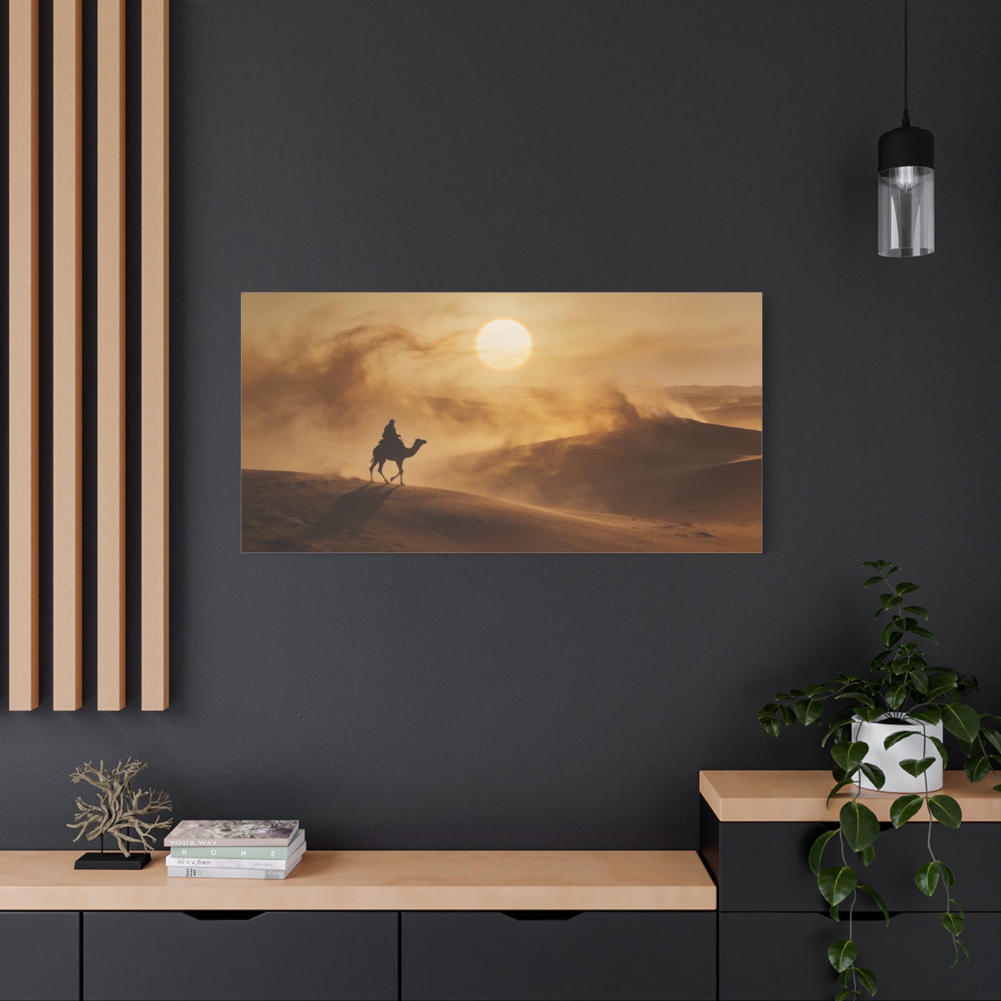 Desert Camel Rider Canvas Wall Art - Golden Sun Sand Dunes Landscape Print - Matte Cotton Artwork, Contemporary Style - Living Room Wall Decor, Bedroom Home Decoration - Bedroom Home Decoration