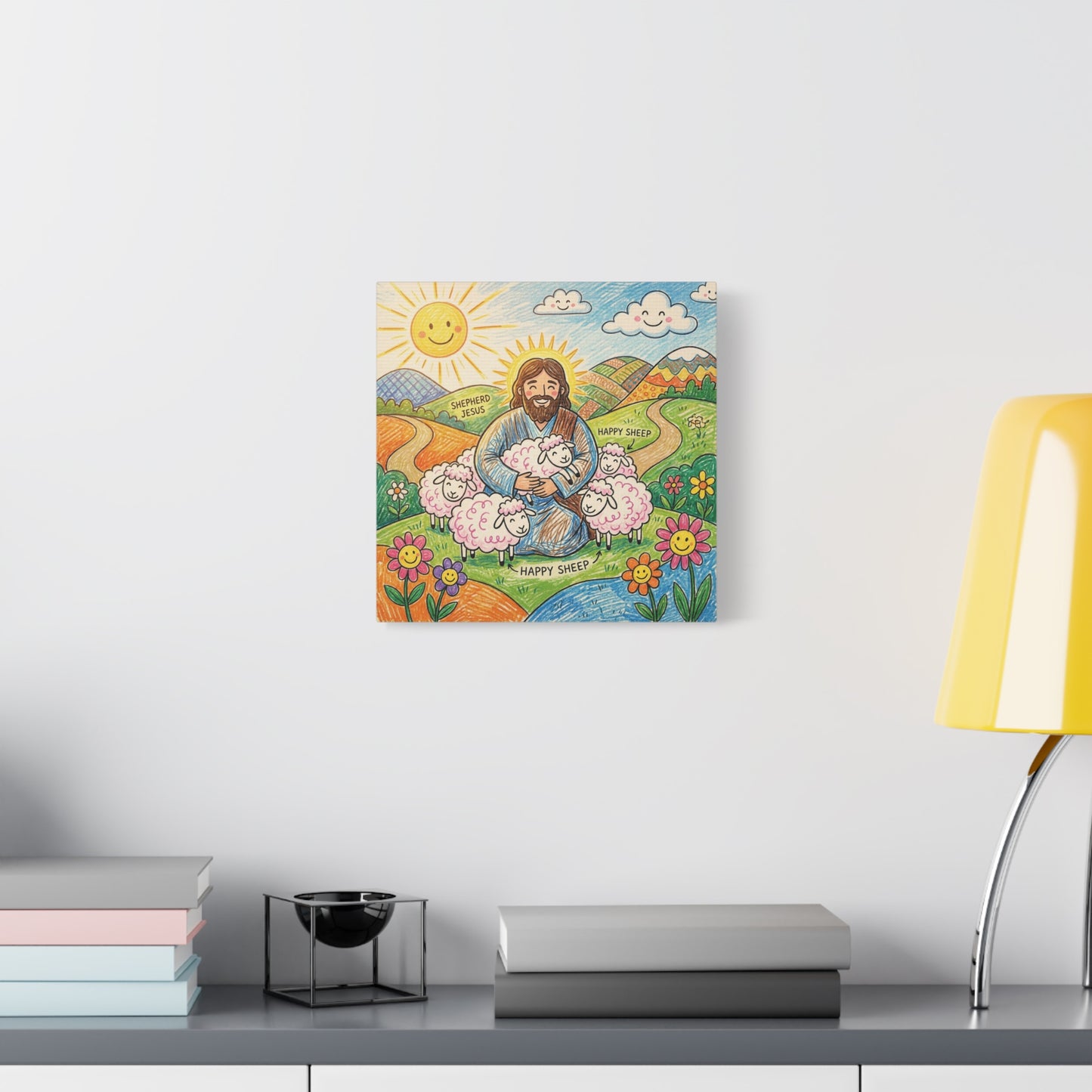 "Shepherd Jesus" "Happy Sheep" Jesus Canvas Wall Art - Christian Kids Nursery Decor, Colorful Religious Print - Matte Cotton Canvas - Playroom Bedroom Classroom Decoration - Living Room Wall Decor