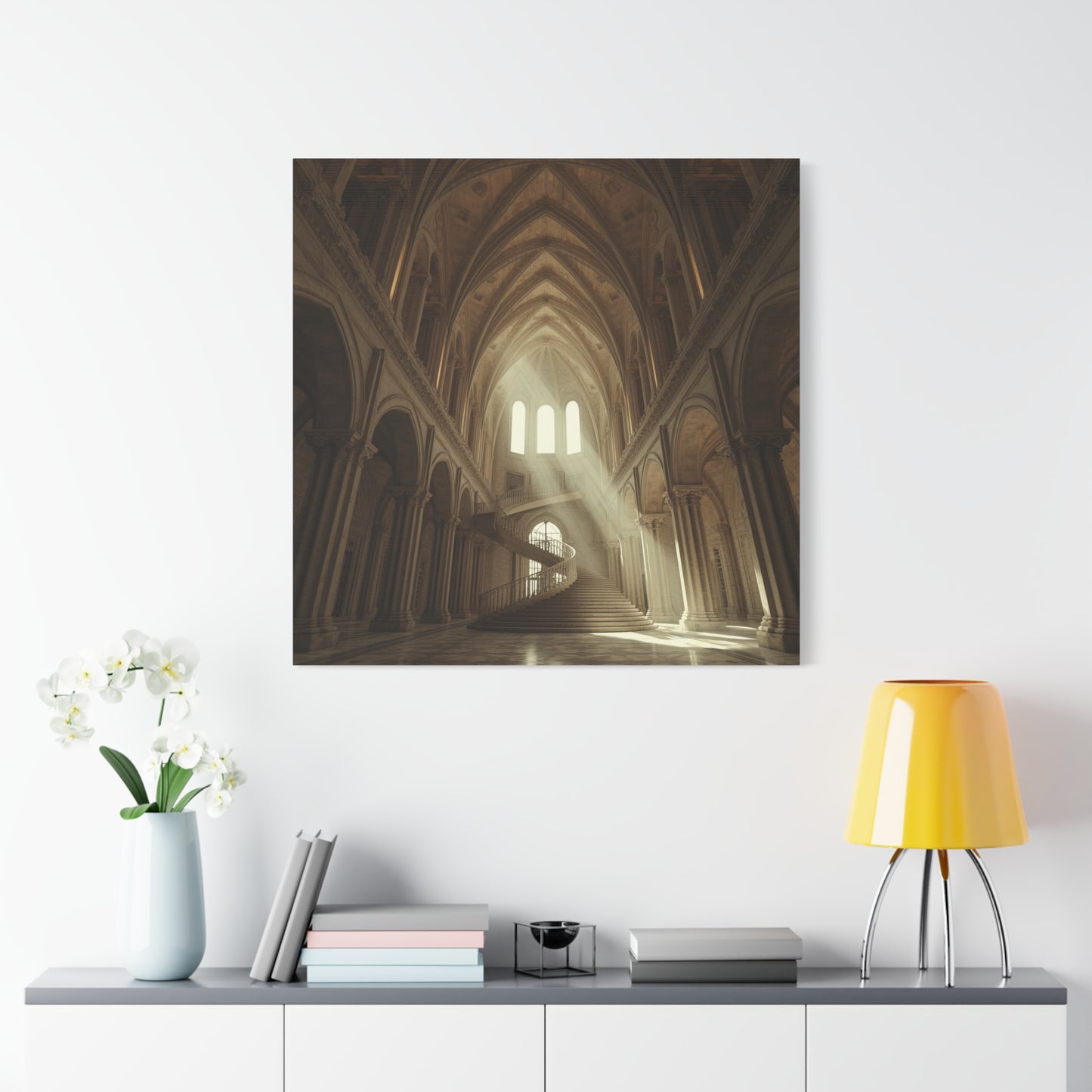 Gothic Cathedral Interior Canvas Wall Art - Sunlit Spiral Staircase, Religious Architecture Print - Matte Cotton Canvas - Traditional Style - Living Room Wall Decor, Office Art - Ready to Hang
