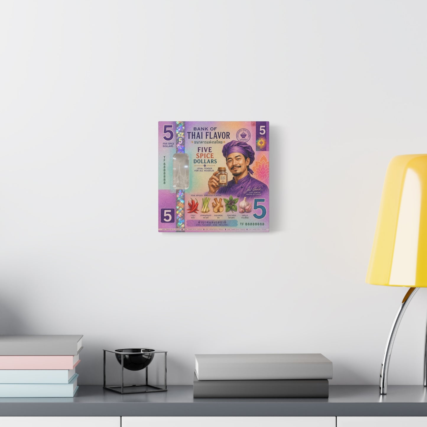 "Bank Of Thai Flavor" Thai Chef Canvas Wall Art - Five Spice Dollars Food Illustration, Colorful Typography Print, Eclectic Kitchen Decor, Cafe Wall Decor, Restaurant Wall Accent - Ready to Hang