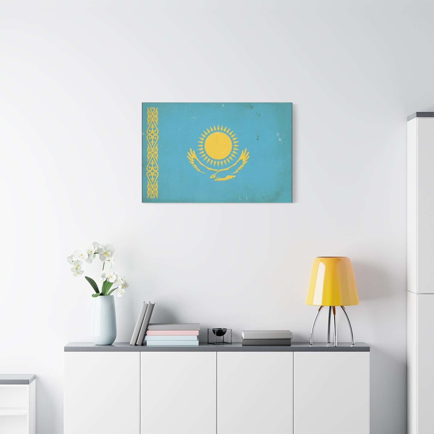 Kazakhstan Flag Canvas Wall Art - Blue And Gold Sun Eagle Emblem, Vintage Nation Print - Matte Cotton Artwork, Patriotic Living Room Wall Decor, Office Art Accent Style - Bedroom Home Decoration