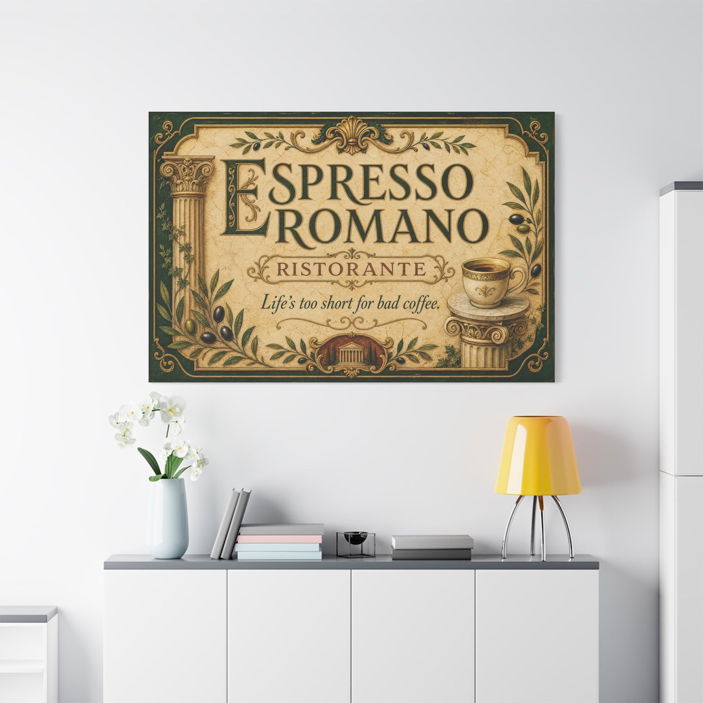 "Espresso Romano" Canvas Wall Art - "Life's Too Short For Bad Coffee." Vintage Italian Cafe Decor, Olive Branches, Roman Columns, Espresso Cup - Coffee Shop Decor - Cafe Wall Art - Ready to Hang