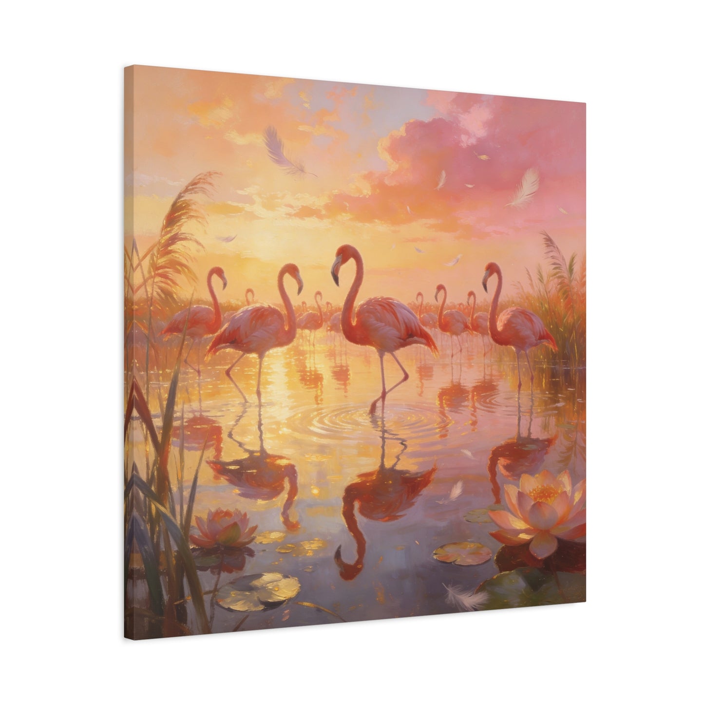 Pink Flamingo Canvas Wall Art - Sunset Wetland Birds, Lotus Pond Reflections - Dreamy Tropical Illustration, Matte Canvas Print - Living Room Wall Decor, Bedroom Home Decoration - Ready to Hang