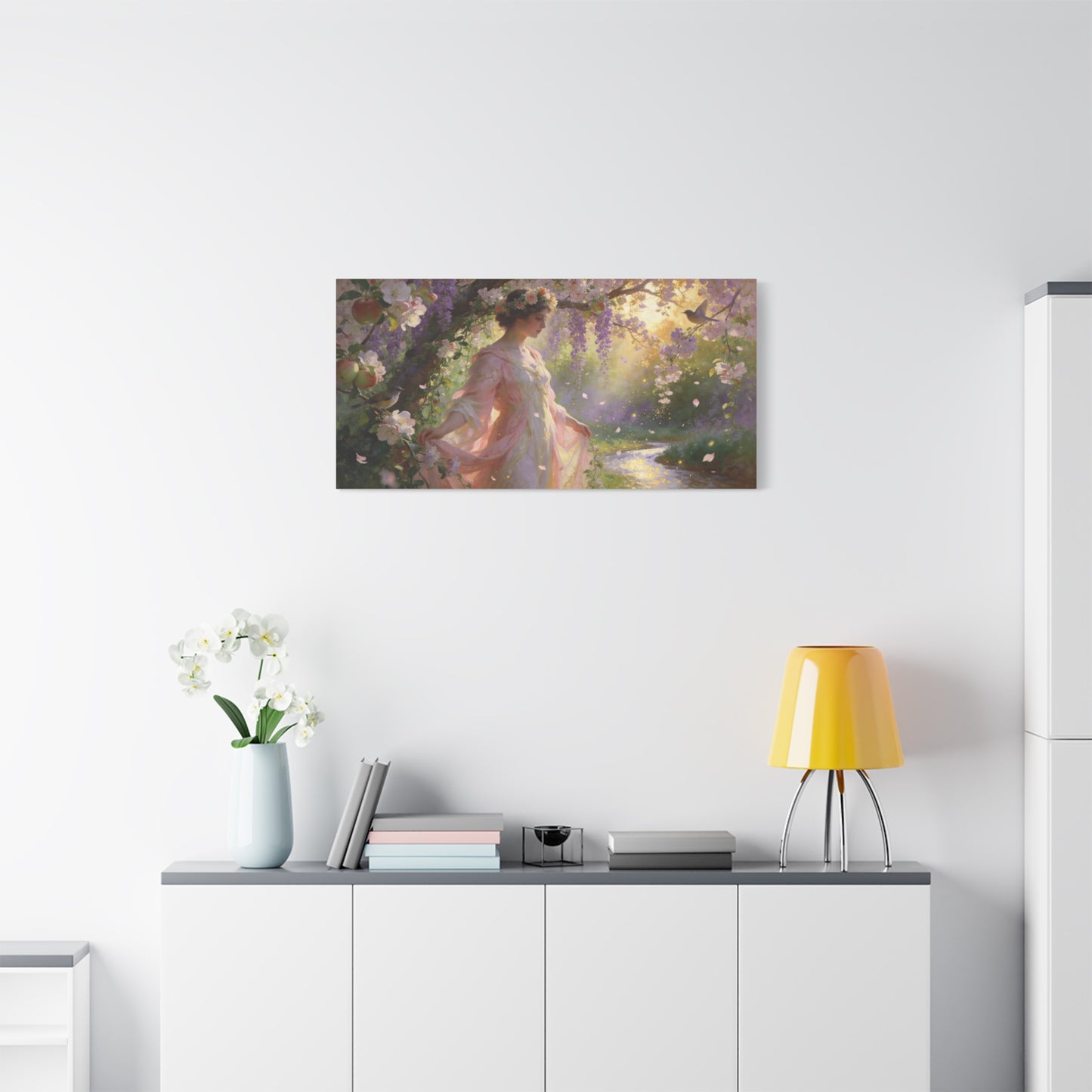 Romantic Garden Maiden Canvas Wall Art - Floral Orchard Figure, Wisteria Blossoms, Songbirds - Impressionist Cotton Canvas Print - Vintage Style Living Room Wall Decor Bedroom Accent - Ready to Hang
