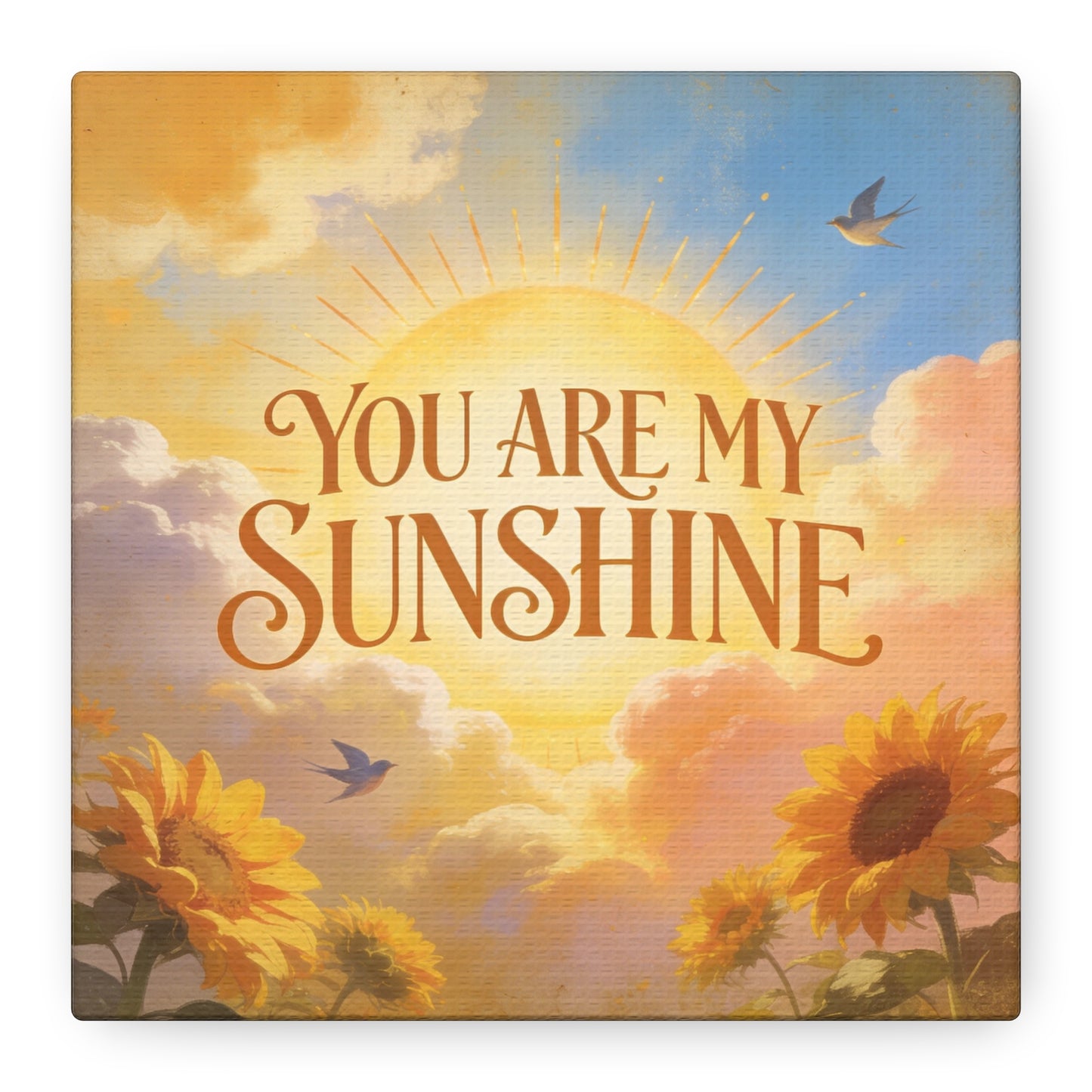 "You Are My Sunshine" Sunflower Canvas Wall Art - Vintage Typography Sky, Birds - Inspirational Farmhouse Style - Living Room Wall Decor, Bedroom Home Decoration, Office Art Accent - Ready to Hang