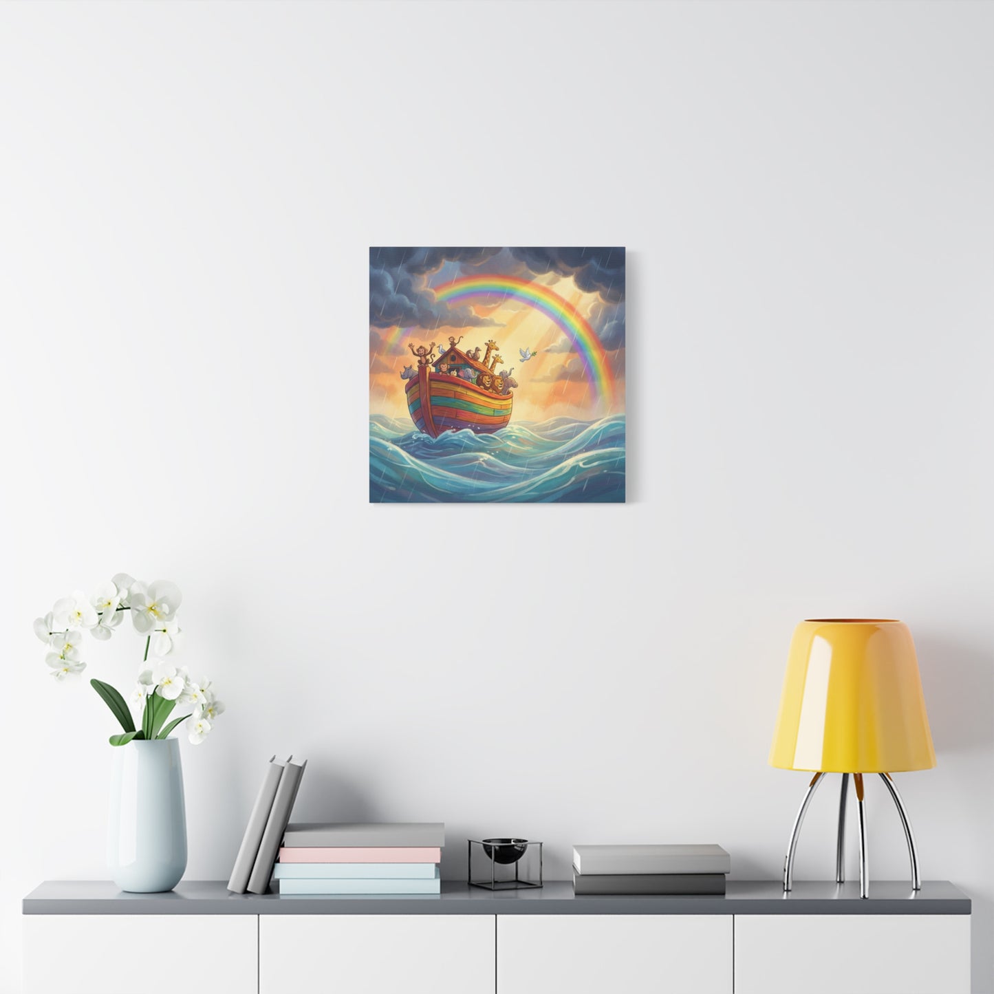 Noahs Ark Canvas Wall Art - Rainbow Animal Boat Nursery Decor - Cotton Canvas Print, Kids Bedroom Home Decoration, Playroom Wall Hanging, Biblical Story Illustration, Classroom Accent - Ready to Hang