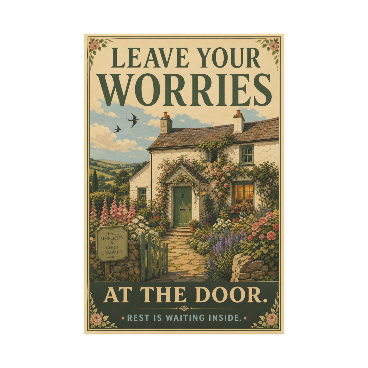 "Leave Your Worries At The Door. Rest Is Waiting Inside." Canvas Wall Art - Vintage Cottage Garden Quote Print, Floral Farmhouse Style, Bedroom Home Decoration, Entryway Decor - Living Room Wall Decor