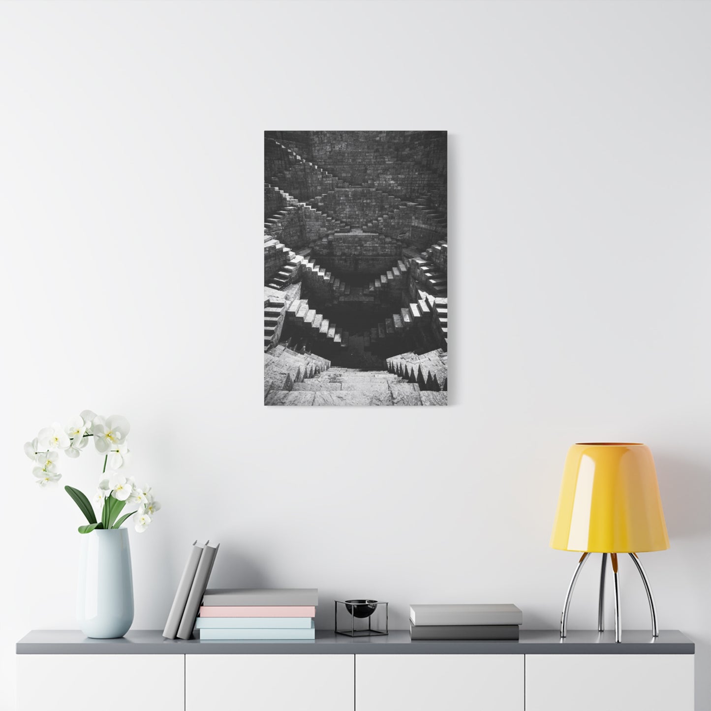 Black And White Stepwell Canvas Wall Art - Architectural Staircase Art Print, Moody Monochrome Stone Geometry - Contemporary Wall Decor For Living Room, Office, Entryway - Ready to Hang