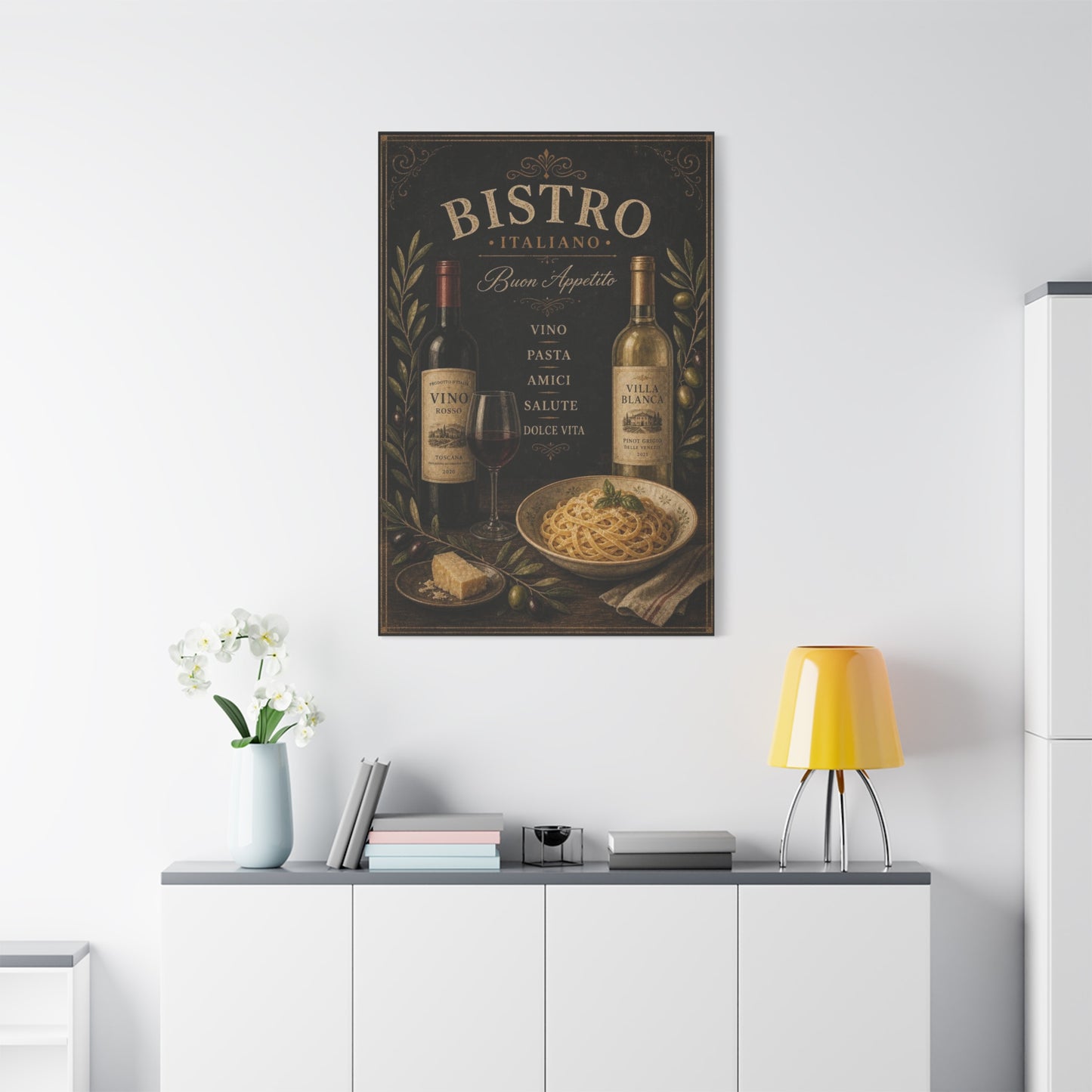 "Bistro Italiano Buon Appetito" Canvas Wall Art - Wine Bottles, Pasta, Olives - Vintage Italian Kitchen Decor - Rustic Farmhouse Style - Dining Room Accent, Cafe Wall Decor - Bedroom Home Decoration