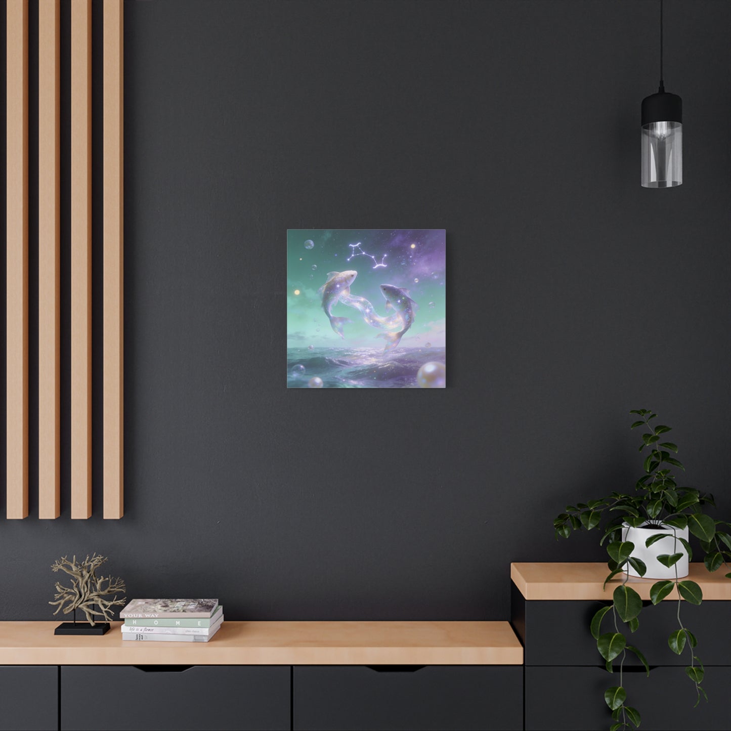 Pisces Fish Canvas Wall Art - Celestial Ocean Zodiac Illustration, Dreamy Aurora Nightscape, Matte Cotton Print, Mystical Bedroom Accent, Meditation Space Piece, Office Interior Style - Ready to Hang