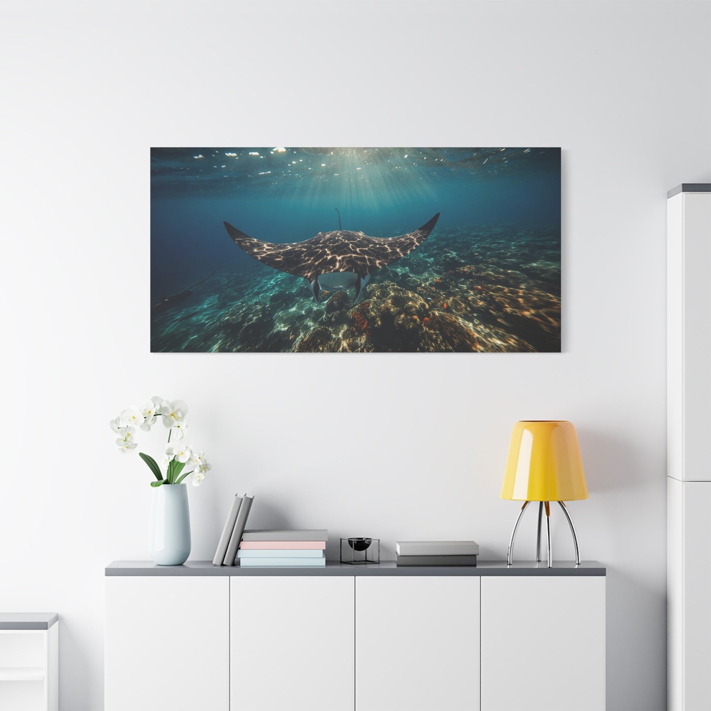 Manta Ray Canvas Wall Art - Underwater Ocean Art Print, Blue Coral Reef Seascape - Matte Cotton Canvas Print - Coastal Wall Decor, Living Room Home Decoration, Office Art - Bedroom Home Decoration